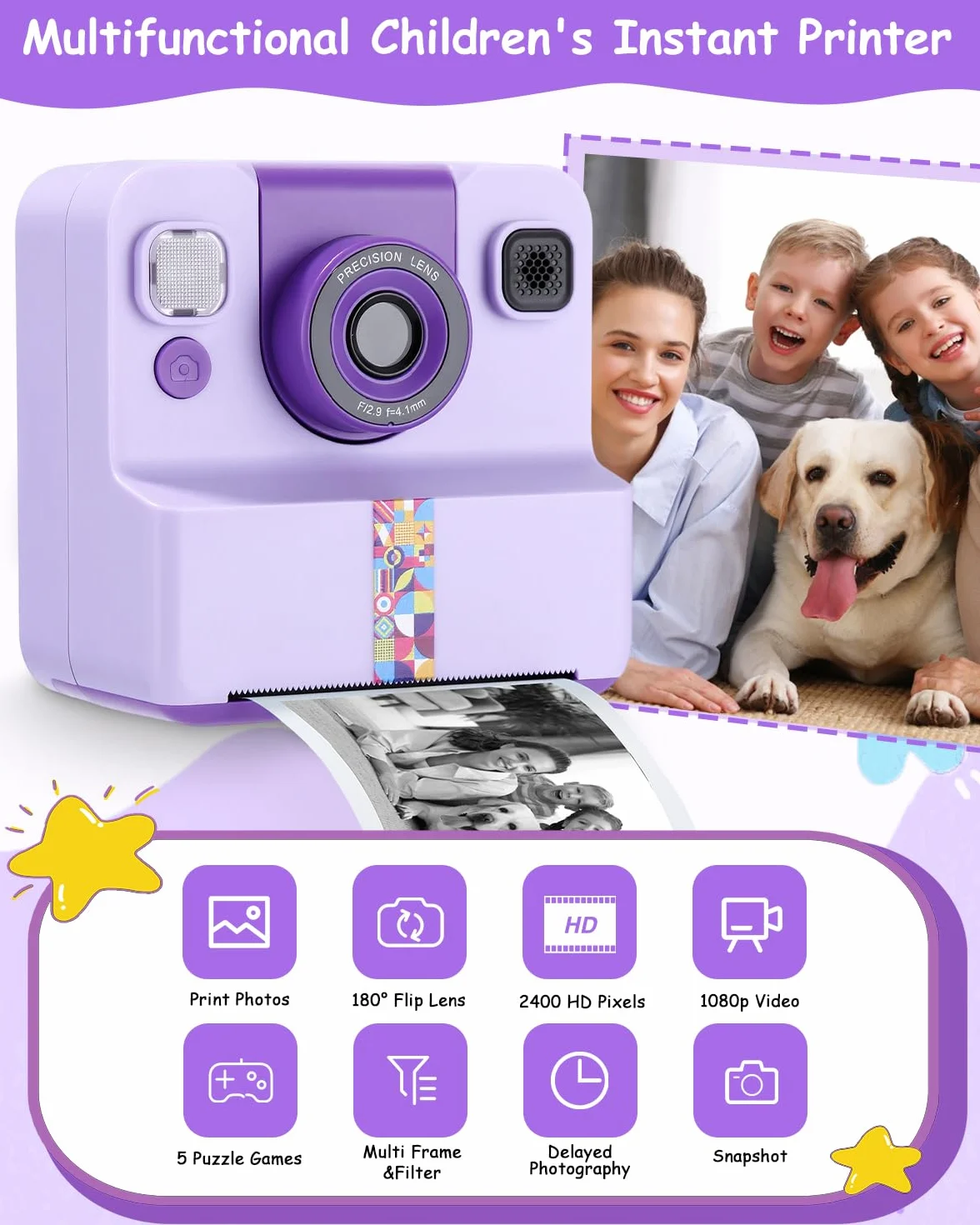 Appareil Photo Enfant, Appareil Photo Instantané Enfant, Kit avec 5 Rouleaux de Papier, 2.4" Écran, Vidéo 1080P et Selfie, Carte 32 Go, Cadeau Créatif pour Fille Garçon 3-12 Ans, Violet