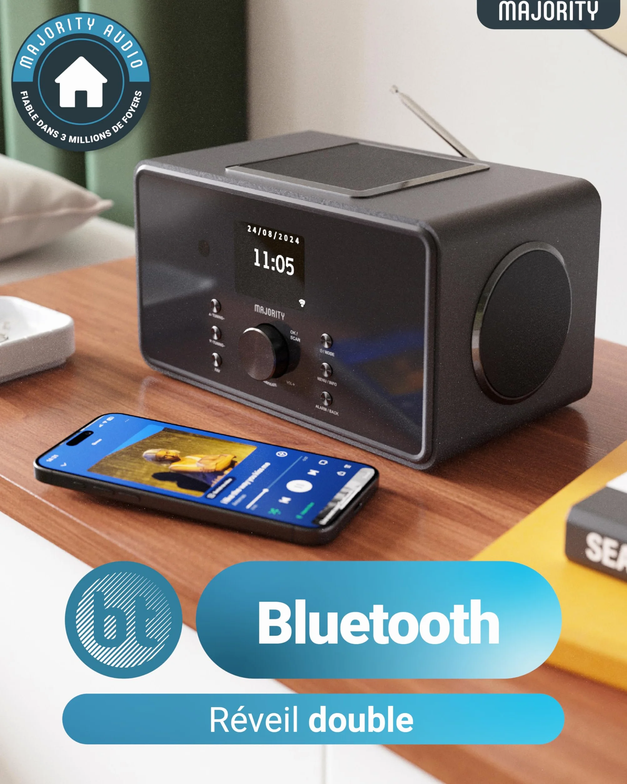 Radio Internet WiFi avec Bluetooth | Radio Dab Plus & FM | 100W 2.1 Caisson de Basse Interne pour Xtra Bass | Spotify Connect & Podcasts | Télécommande Incluse & OKTIV App Control | MAJORITY Bard