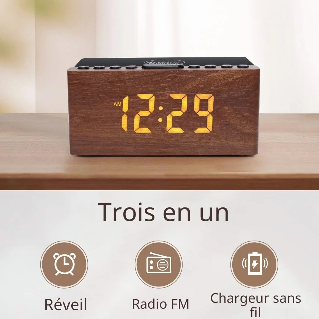 Radio Réveil Numérique en Bois avec Radio FM,Station de Charge sans fil Rapide Pour iPhone/Samsung Galaxy,Alarm Clock et Affichage LED,Variateur à 5 Niveaux,Port USB,Minuterie de Sommeil, Marron