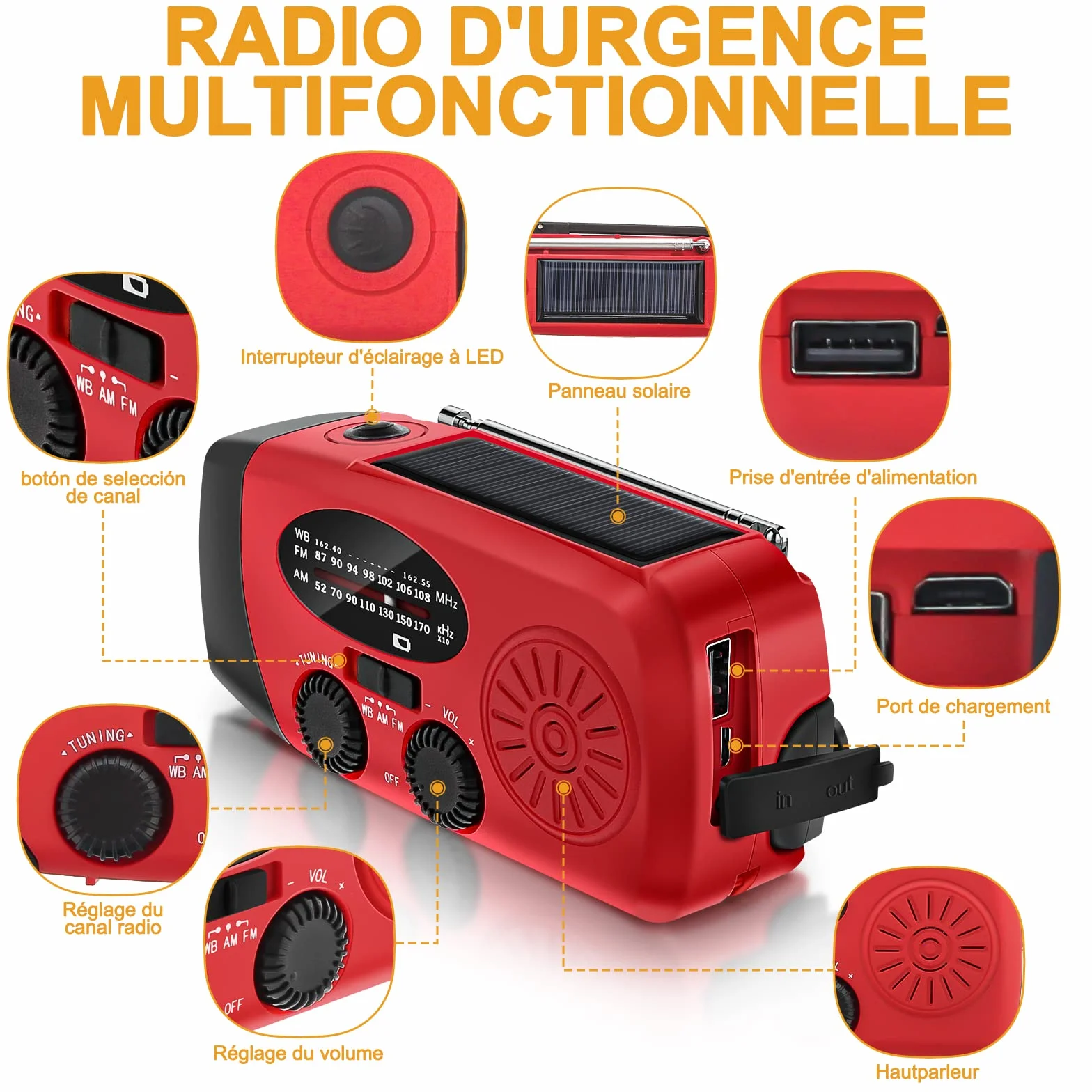 Radio Solaire Portable d'Urgence Météo 2000mAh Manivelle AM/FM/NOAA Dynamo IPX3 Charge Téléphone Lampe LED Alarme SOS Câble USB Randonnée Camping Rouge