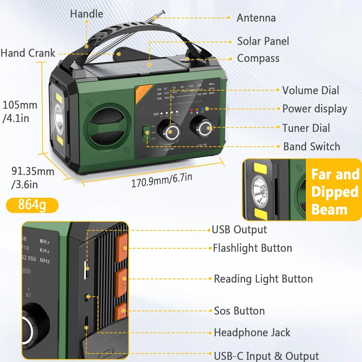 Radio d'Urgence à Manivelle 27000mAh Solaire AM/FM Portable Bluetooth Lampe de Poche SOS