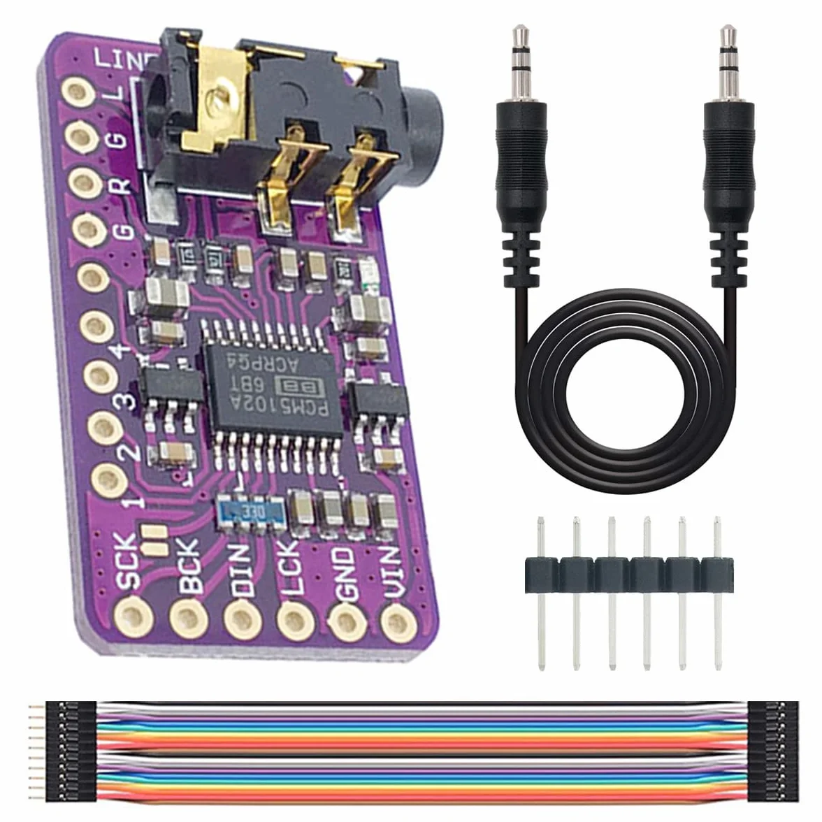 PCM5102 Module de décodeur DAC Interface I2S GY-PCM5102 Carte de lecteur au format PHAT Convertisseur numérique-analogique Module vocal pour Arduino avec câble audio 3,5 mm, câble Jumper