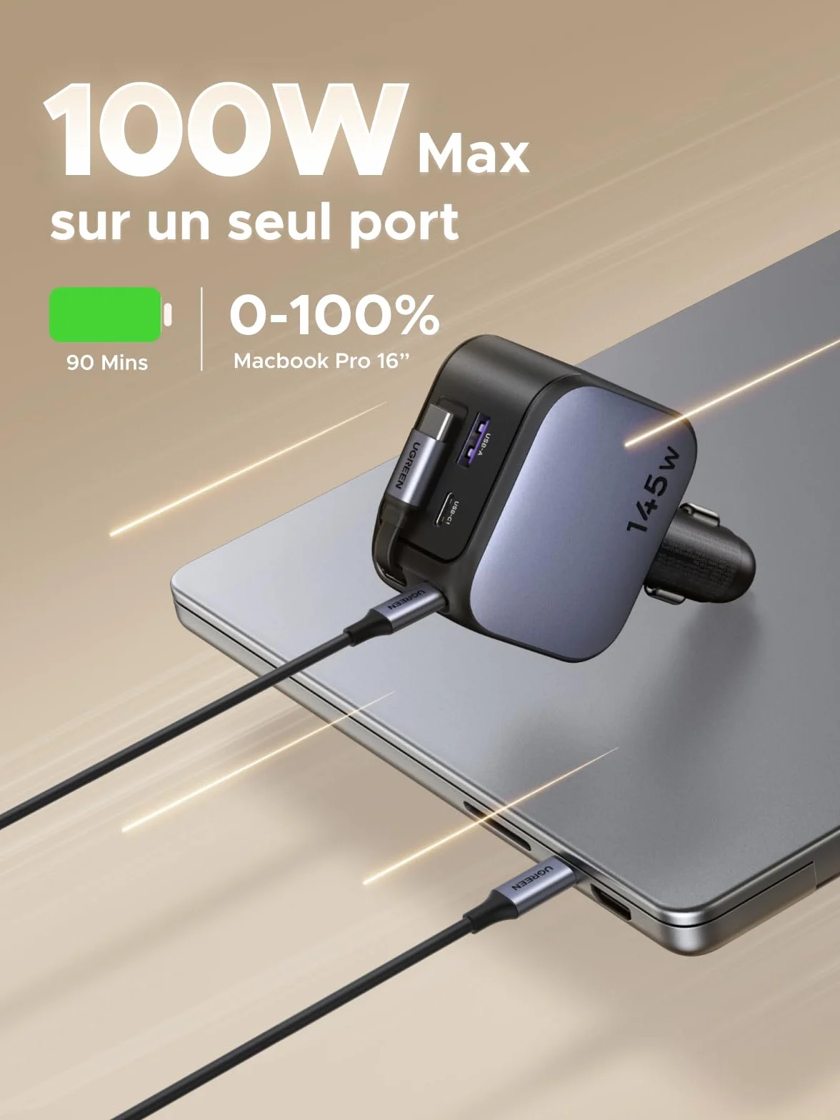 UGREEN Nexode 145W 4 en 1 Chargeur Allume Cigare USB C Rétractable Chargeur Voiture Charge Rapide Compact Compatible avec iPhone 17 Pro Max Air 16 15 MacBook Pro Air iPad Galaxy Tab Galaxy S25 Ultra