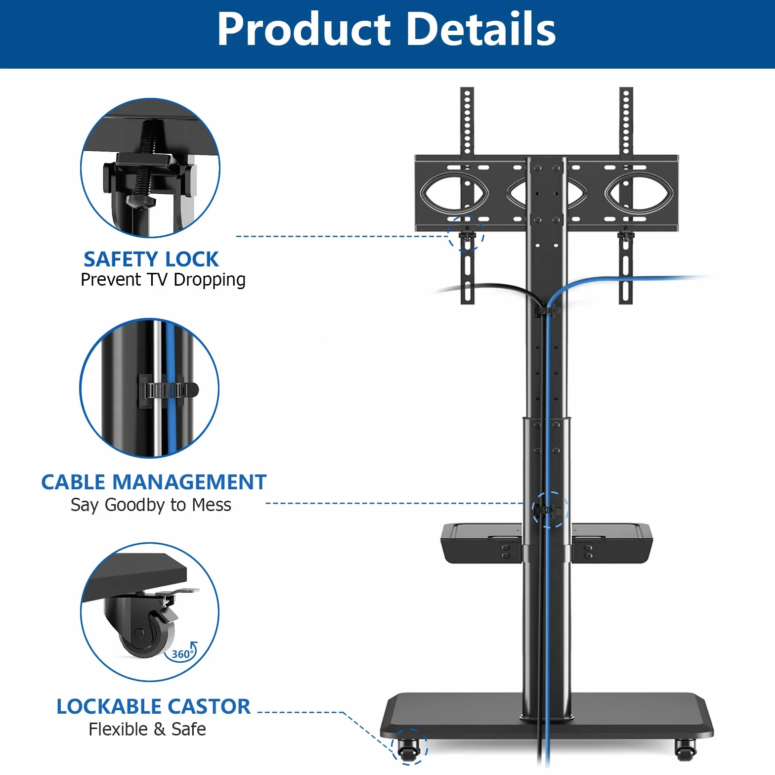 RFIVER Support TV Roulette avec Support Cantilever pour Ecran de Télé de 26 à 70 Pouces LED LCD Plasma Chariot Meuble TV Pied Universel Pivotant Réglable en Hauteur avec 2 Étagères