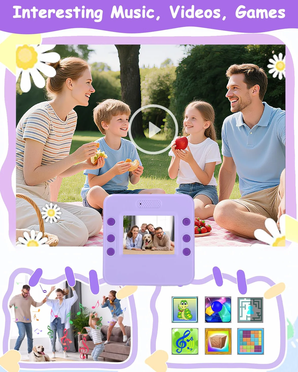Appareil Photo Enfant, Appareil Photo Instantané Enfant, Kit avec 5 Rouleaux de Papier, 2.4" Écran, Vidéo 1080P et Selfie, Carte 32 Go, Cadeau Créatif pour Fille Garçon 3-12 Ans, Violet