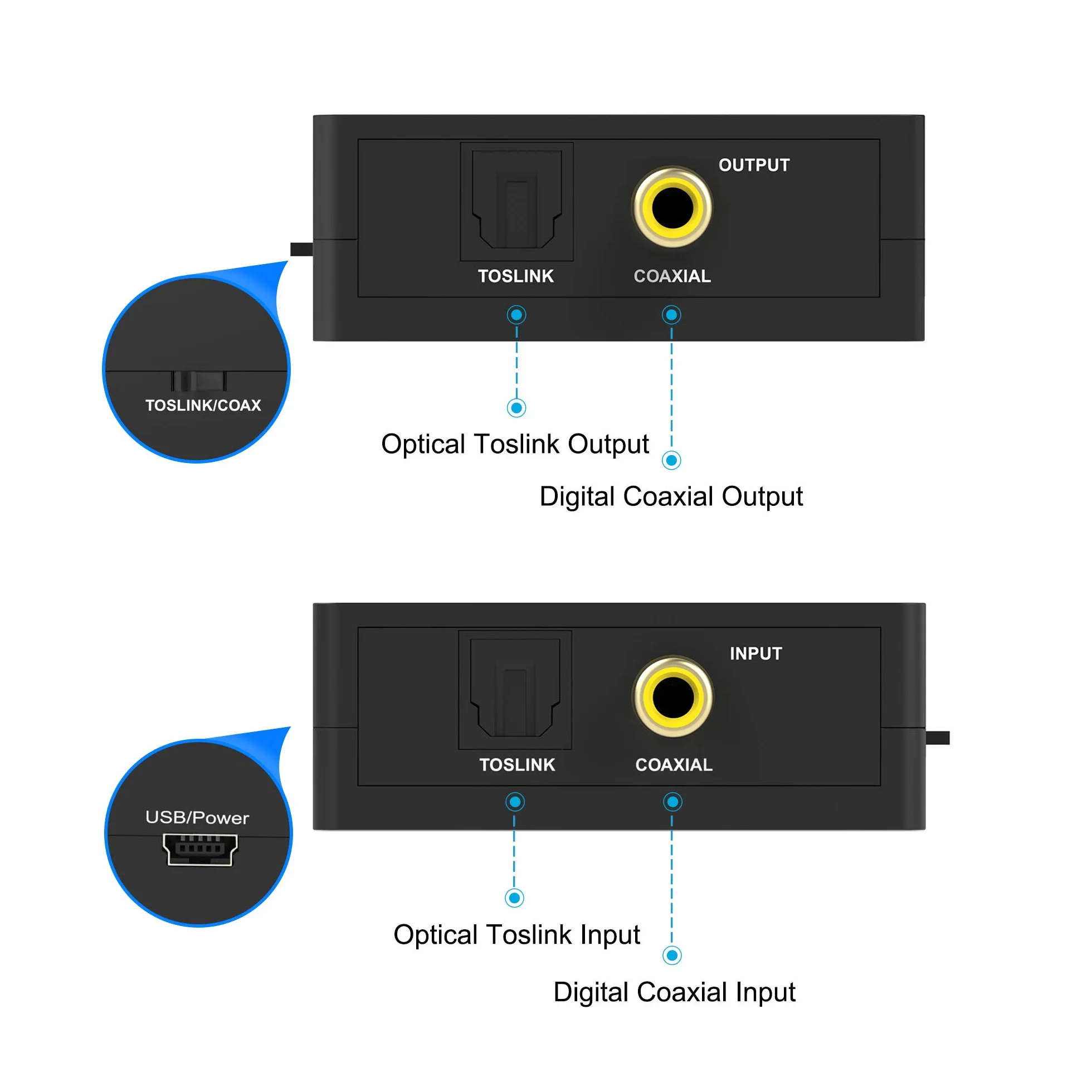 Portta Audio Convertisseur Numérique SPDIF Optique Coaxial Toslink vers Numérique SPDIF Optique Coaxial Toslink Adaptateur Bidirectiontionnel 2 Port 2 x Entrées à 1 x Sortie pour