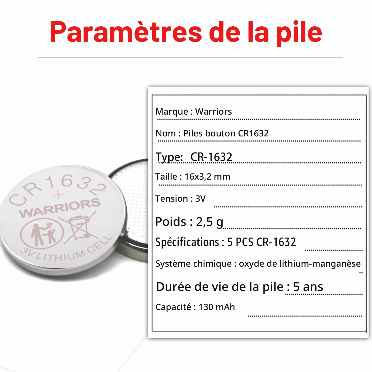 Warriors 5X Pile Piles 1632 CR1632 Bouton 3V,Emballage à l'épreuve des Enfants, Montres, télécommandes, Cartes mères d'ordinateurs, calculatrices