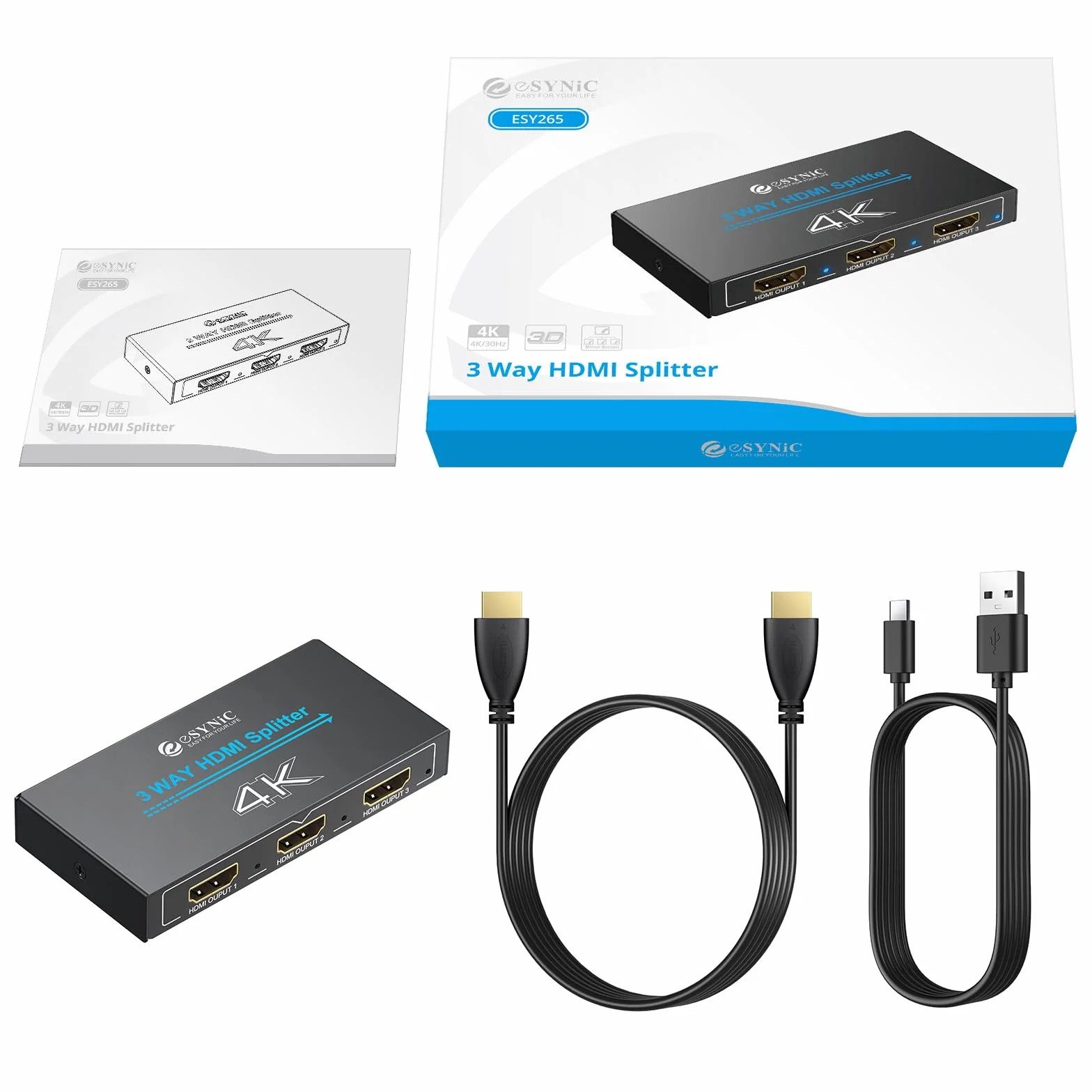 eSynic Répartiteur HDMI 1 Entrée 3 Sorties 4K@30HZ HDCP 1.4 Coque Métal