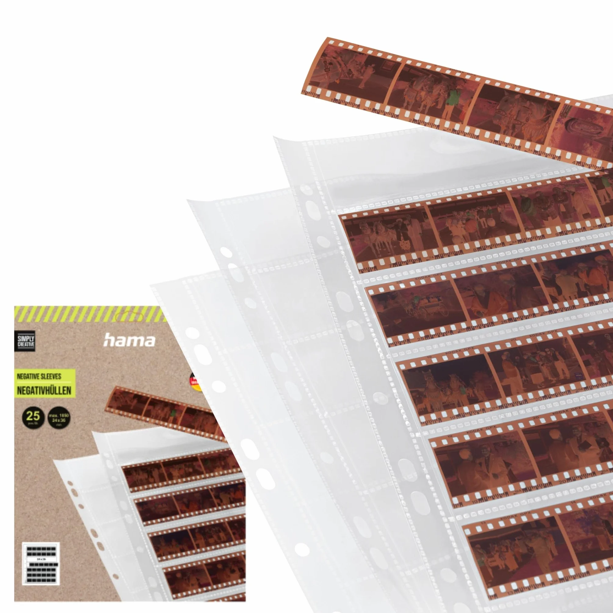 Hama Étuis à Négatifs en Polypropylène, Pour 7 Bandes de 6 Négatifs (24x36 mm), Perforation Classeur, Lot de 25 Pièces, Transparent