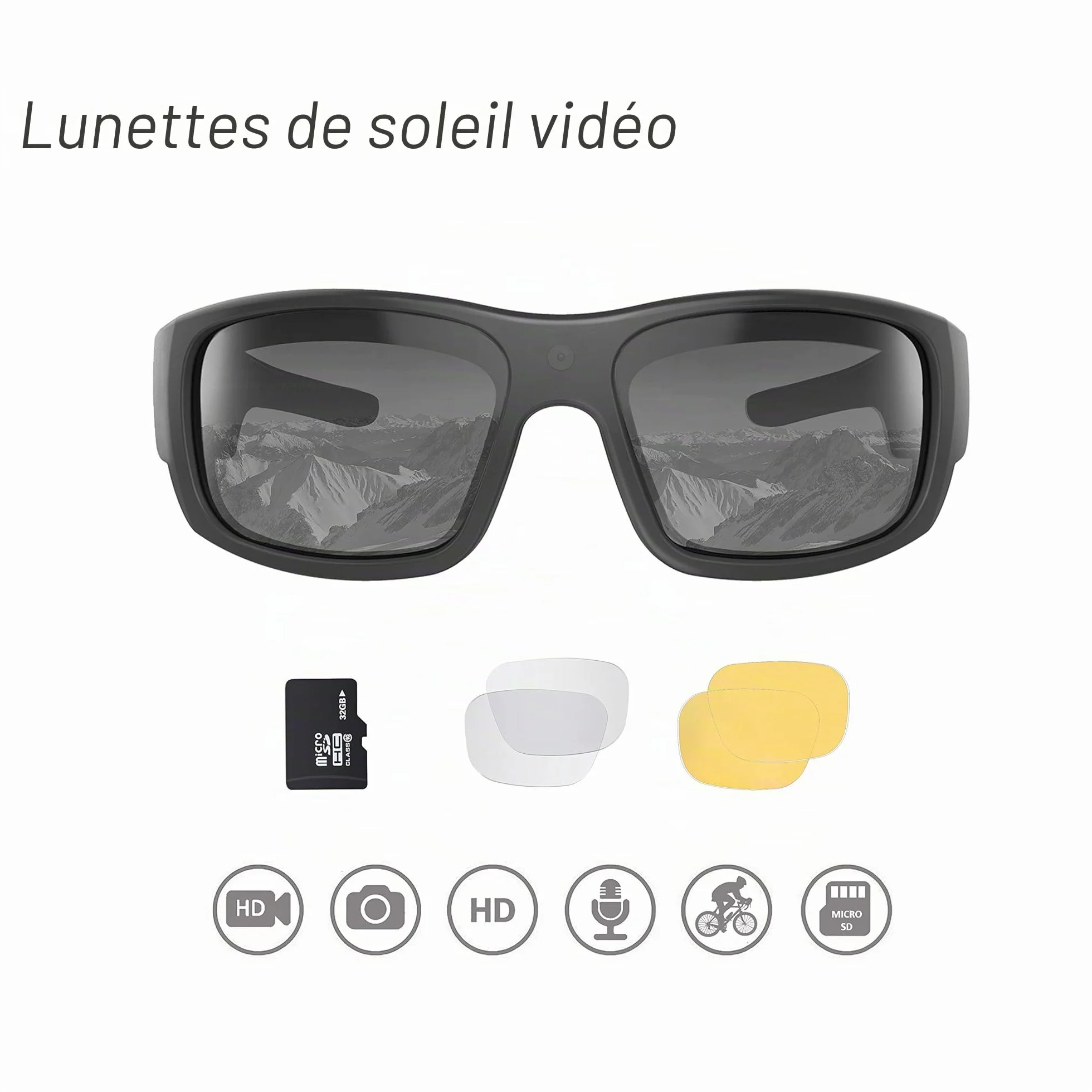 OhO Lunettes de soleil vidéo 32 Go 1080p Full HD avec caméra intégrée 15 MP et protection UV400 polarisée et lentille interchangeable
