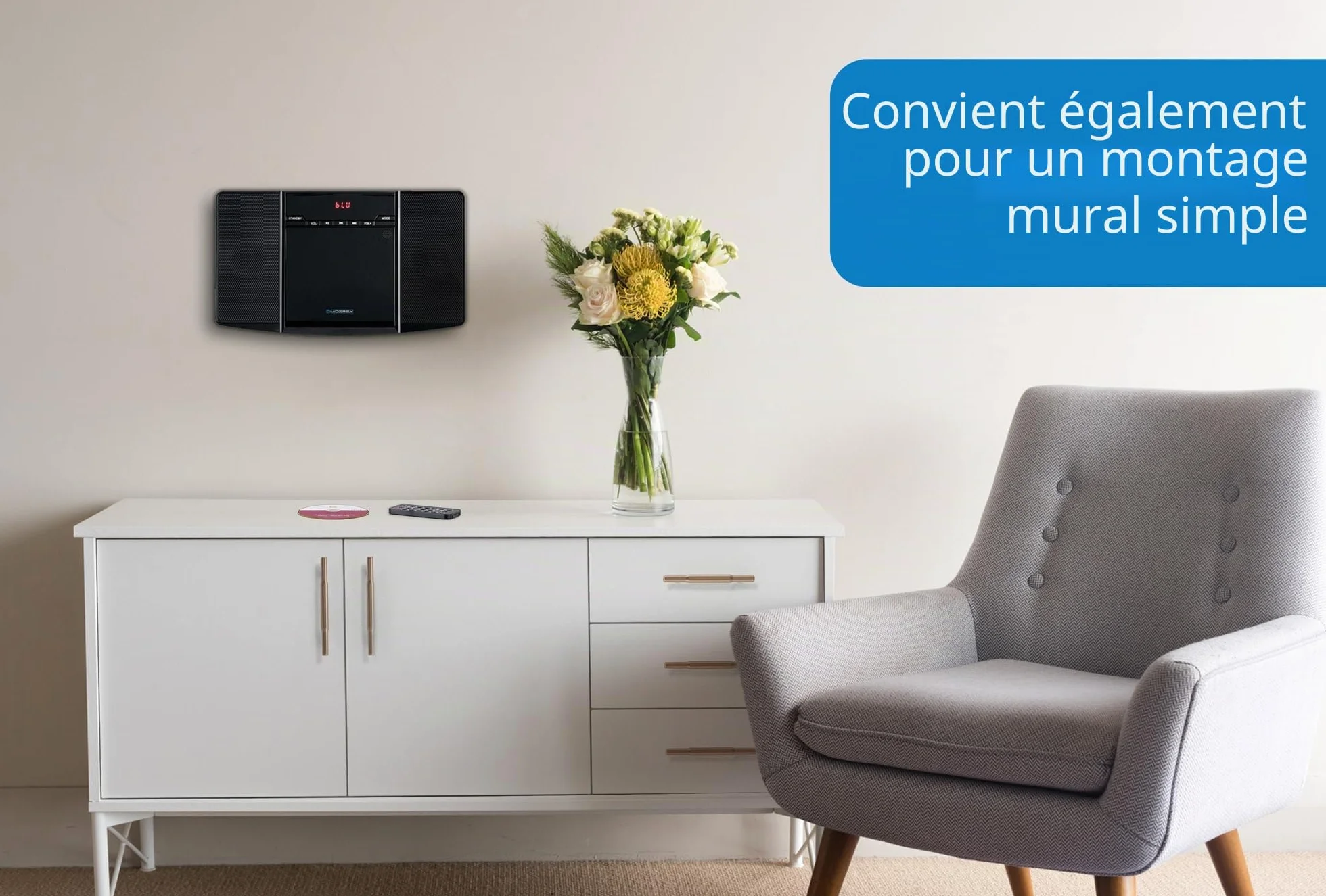 MCD-60 Système Stéréo Vertical (Lecteur CD/MP3, USB, Bluetooth, Entrée Aux, Montage sur Pied Ou Mural, Télécommande Incluse) Noir