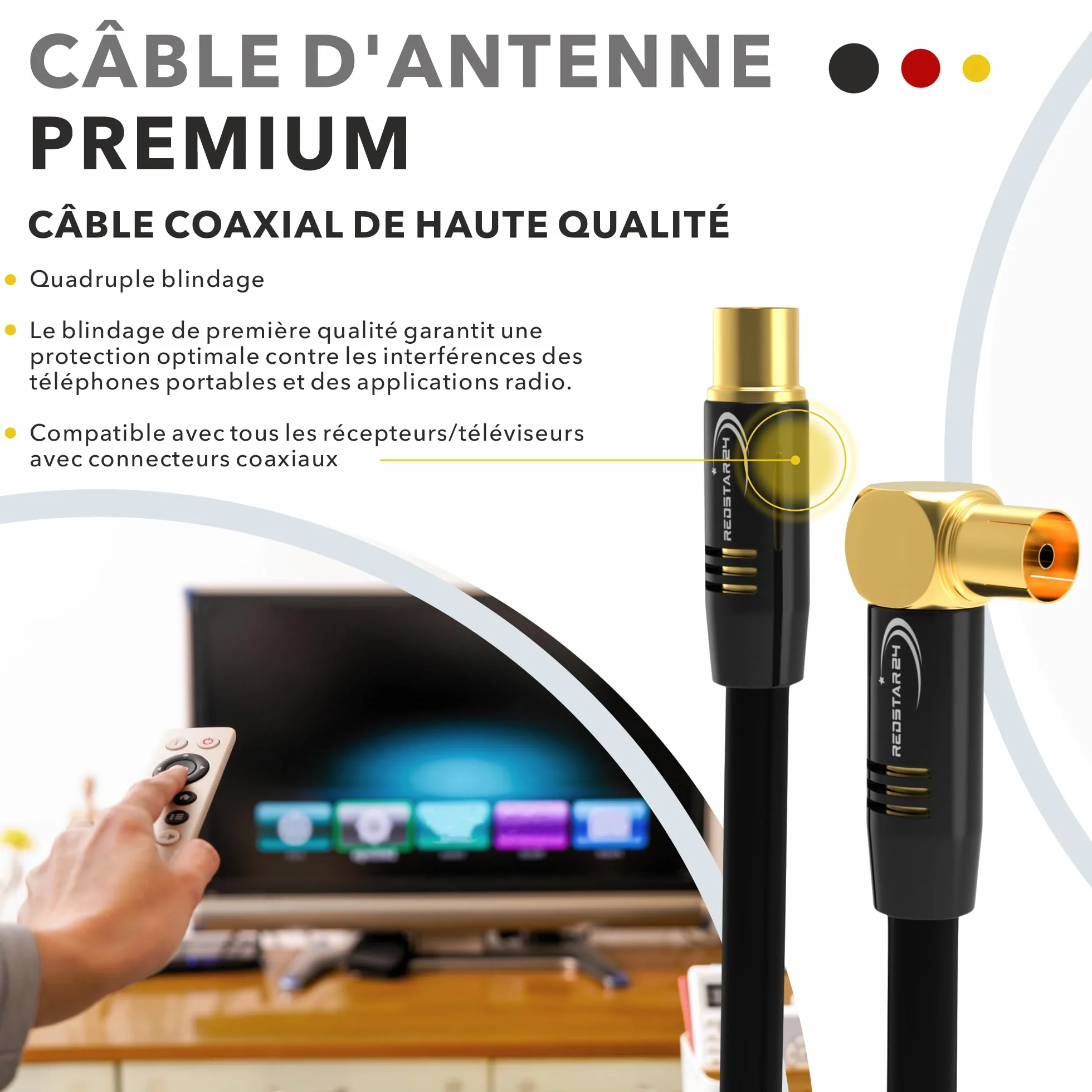 RedStar24 Câble d'Antenne 1,5m Noir - Mâle à Femelle 90° Coudé Coaxial - HDTV Premium pour Télévision par Câble | Compatible avec TV, Radio, DVB-T/T2, DVB-C, DAB