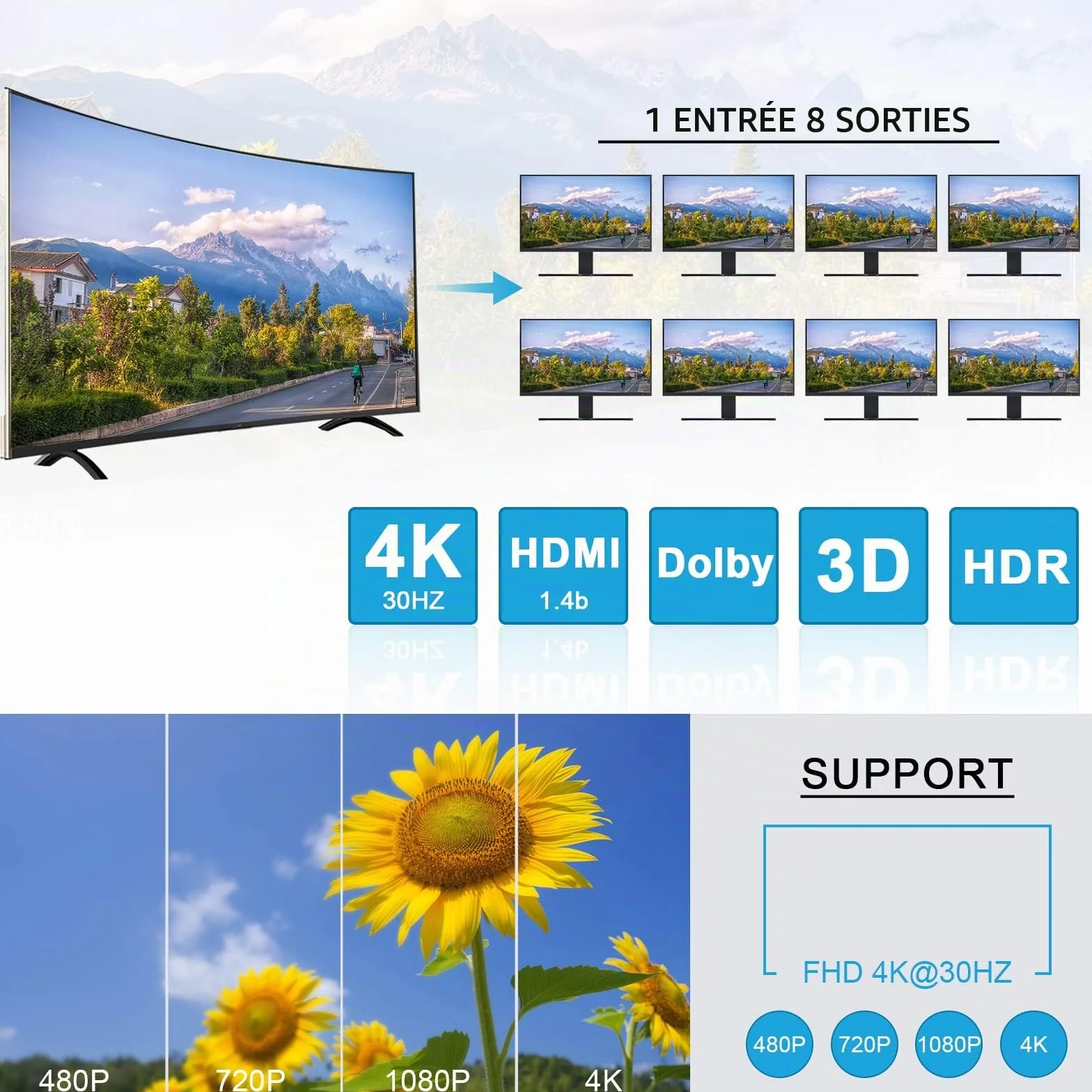 Répartiteur HDMI 1 entrée 8 sorties 4K Splitter Audio Vidéo avec Adaptateur Secteur