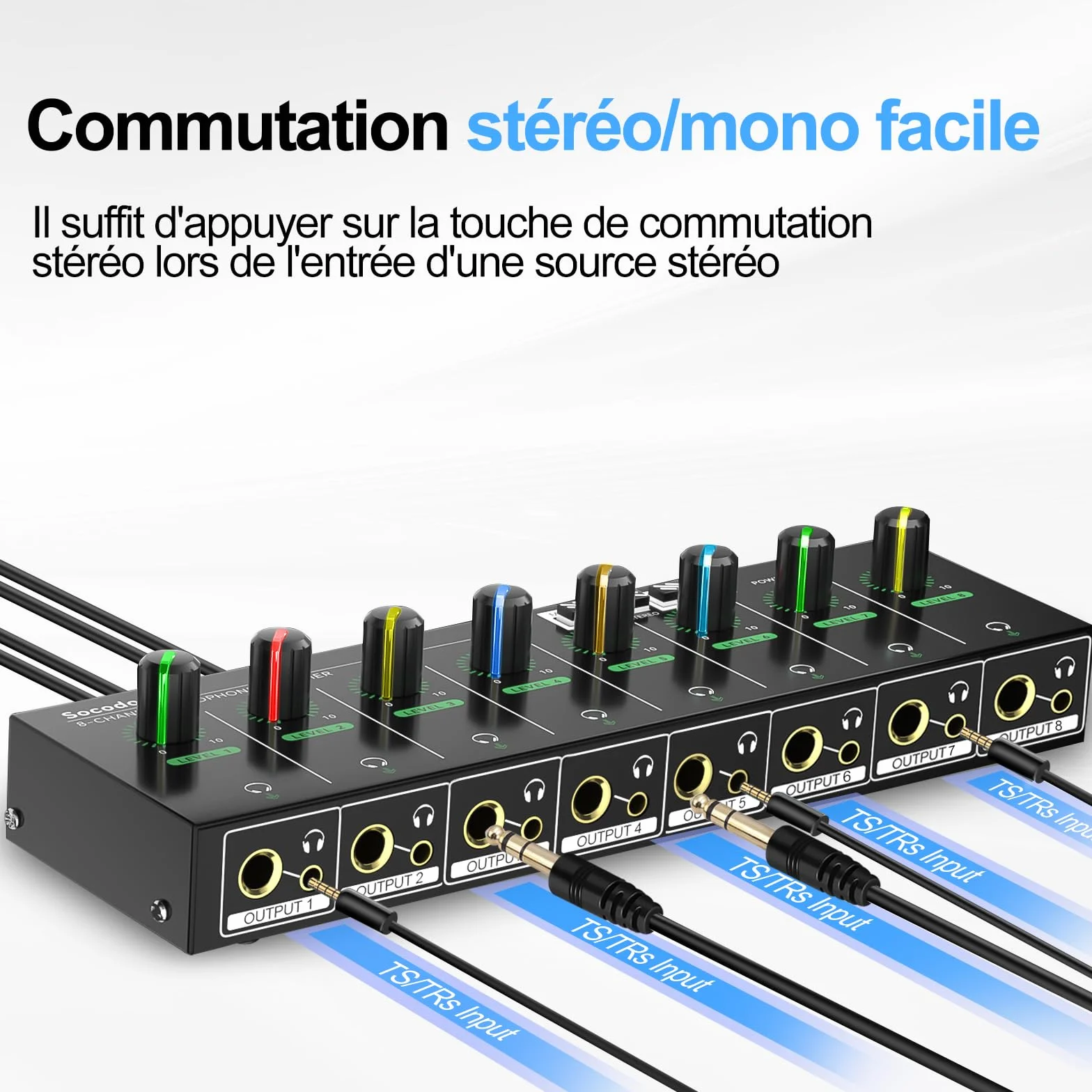 Amplificateur de Casque à 4 canaux avec Prises RCA 3,5 mm/6,35 mm, mélangeur Compact en métal avec 8 Ports de Sortie pour Casque, Interrupteur stéréo, Fonction muet, lumière RVB (8 canaux)