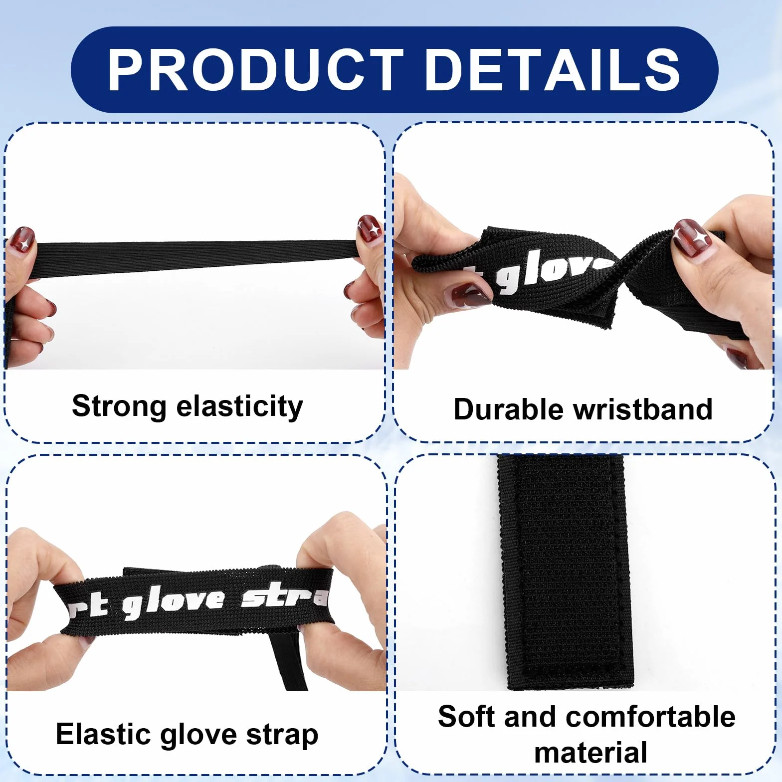 Gants Sport Sangles Sécurité Élastique avec Pinces Métalliques Anti-Perte pour Ski Snowboard Alpinisme