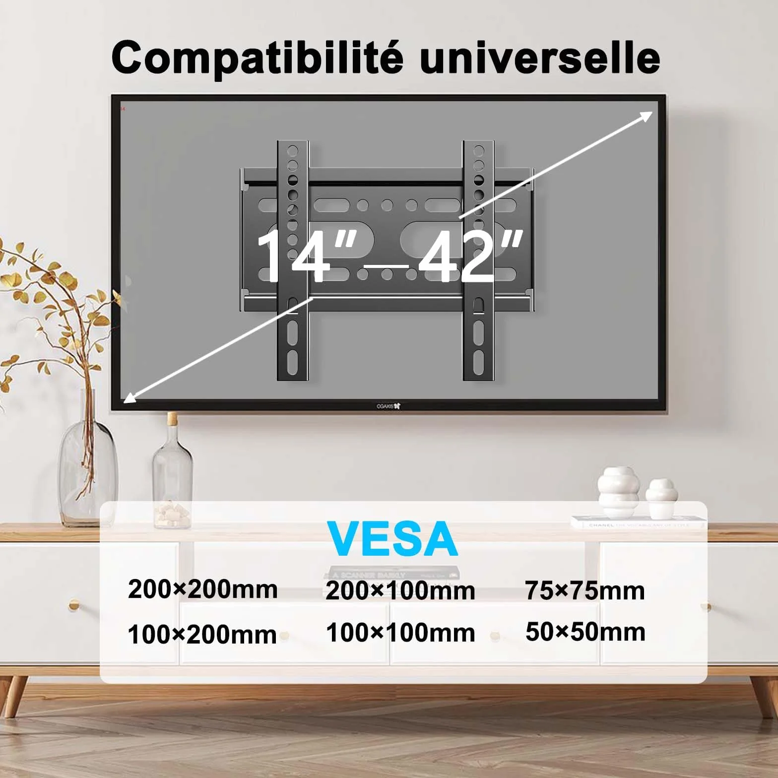 Support Mural TV Fixe pour 14-42 Pouces,VESA jusqu'à 200x200mm Poids Maximal 25KG, 19 24 27 32 37 Pouces Petit écran de télévision Ultra - Mince Support Mural pour Moniteur,Support Mural TV