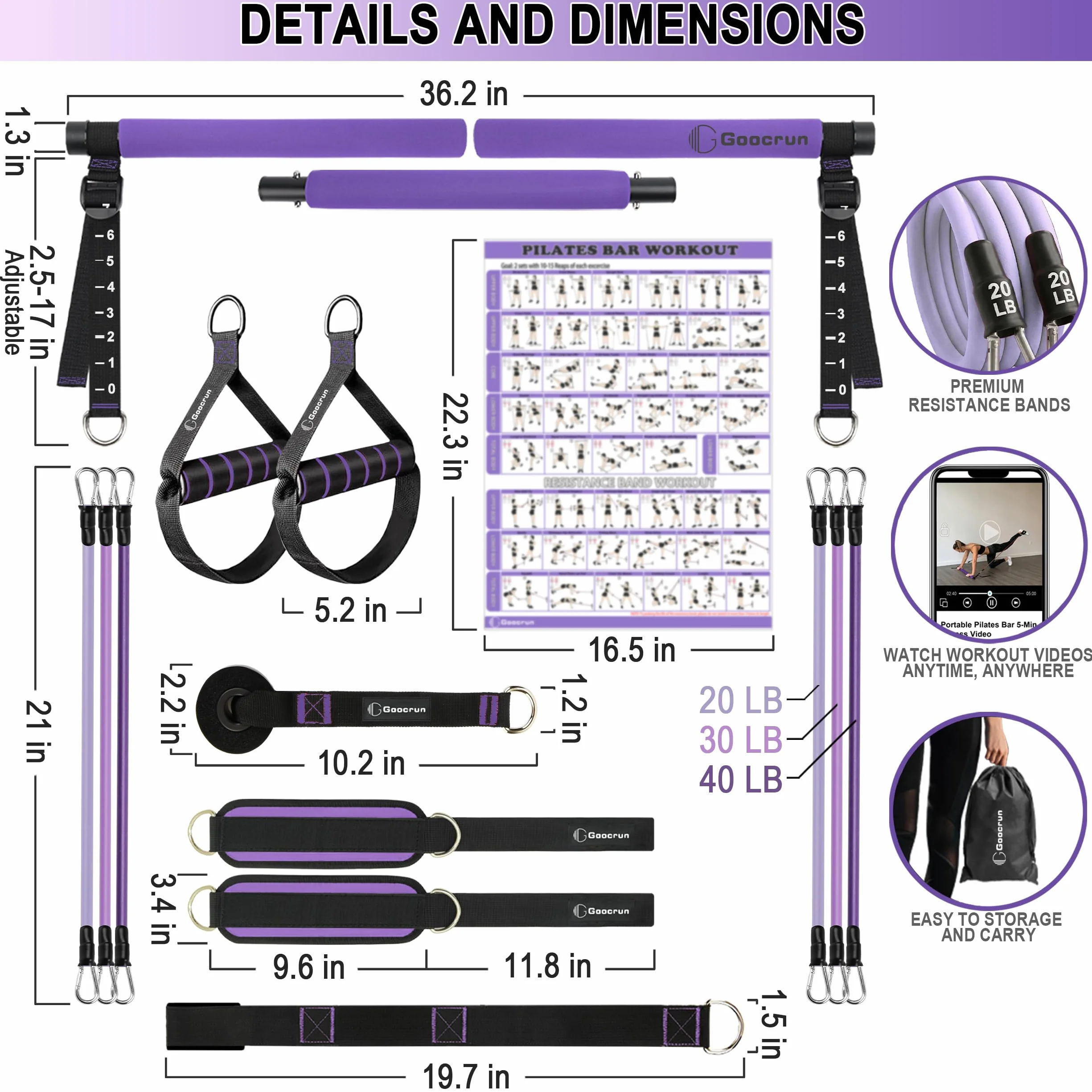Ensemble de Barres de Pilates et Bandes de Résistance avec Poignées, Salle de Sport Portable à Domicile
