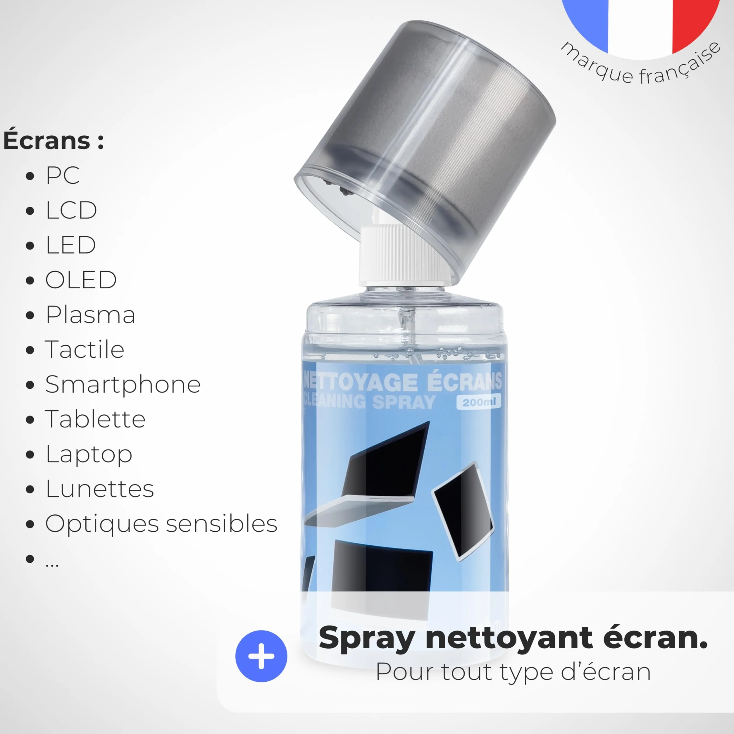 APM Spray Nettoyant Écran TV, PC, Smartphone, Tablette, Texture Gel Sans Alcool, Effet Antistatique, Anti-rayures, Anti-traces, Chiffon Microfibre Inclus, Nettoyage Sécurisé, 200ml, 600105