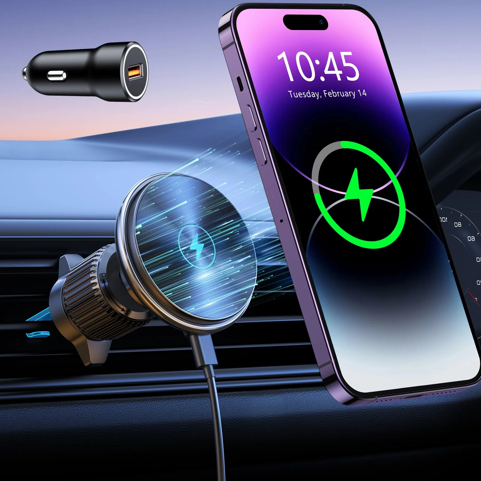 EOIWUY Support Telephone Voiture Induction, 15W Rapide Chargeur Compatible avec Magsafe Voiture, Rotation 360° & Grille d'Aération Chargeur sans Fil Voiture Compatible avec iPhone 17/16/15/14 Series