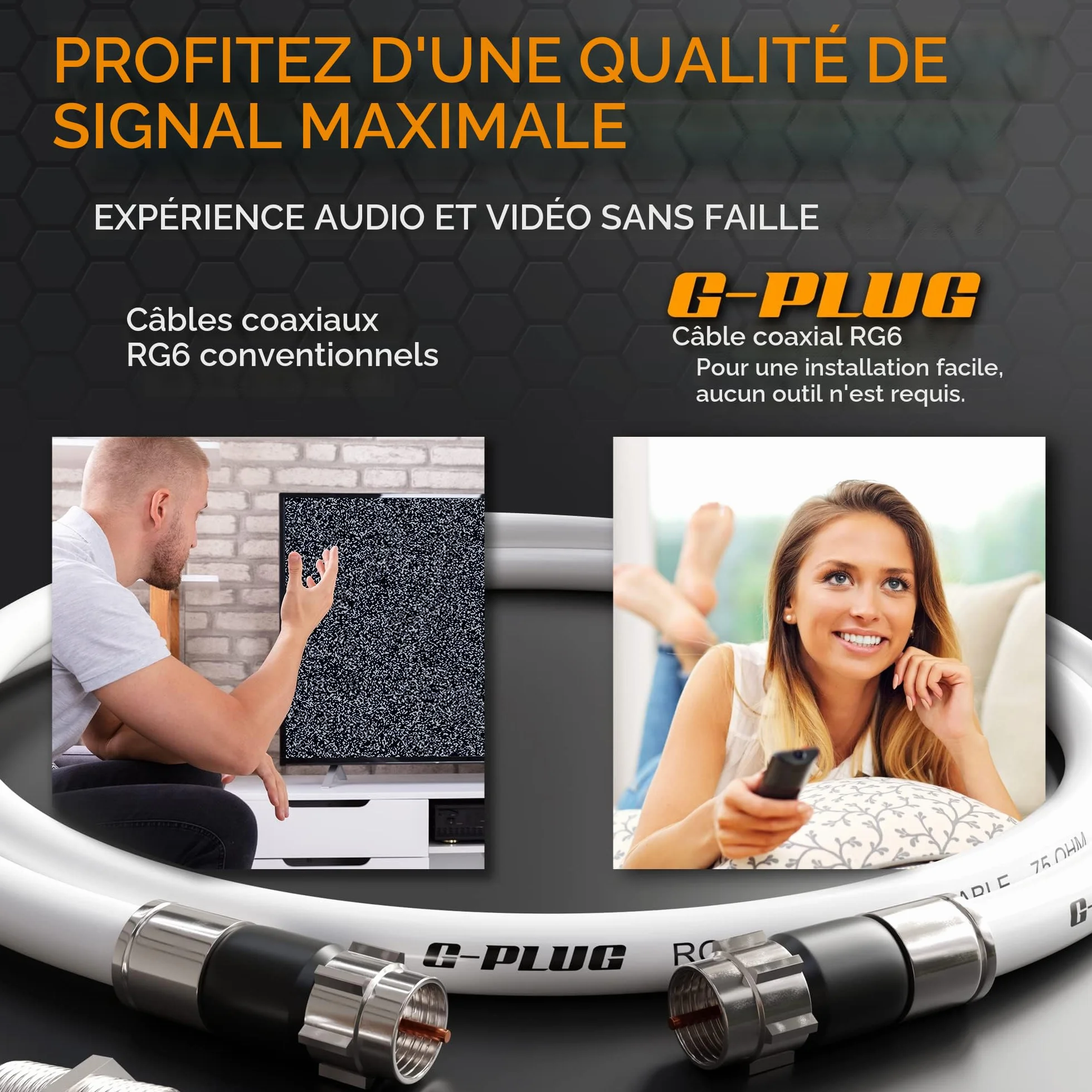 Câble Coaxial RG6 2m avec Connecteurs à Compression – Câble Antenne TV Numérique Satellite Rallonge Étanche Intérieur Extérieur
