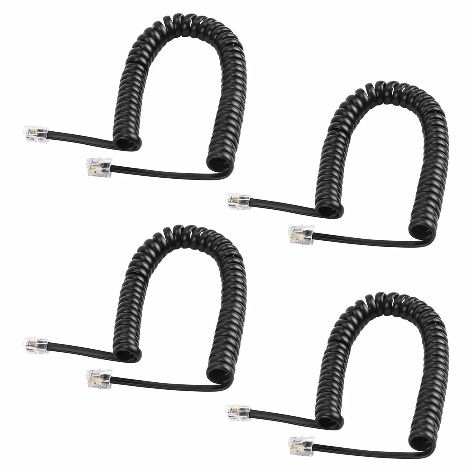 Lot de 4 Câble Téléphonique RJ9 4P4C Spiralé 5m Étendu Câble Combiné Téléphone Fixe Noir Fil de Remplacement pour Téléphone Bureau Maison Standard Universel Compatible Téléphones Fixes et Combinés