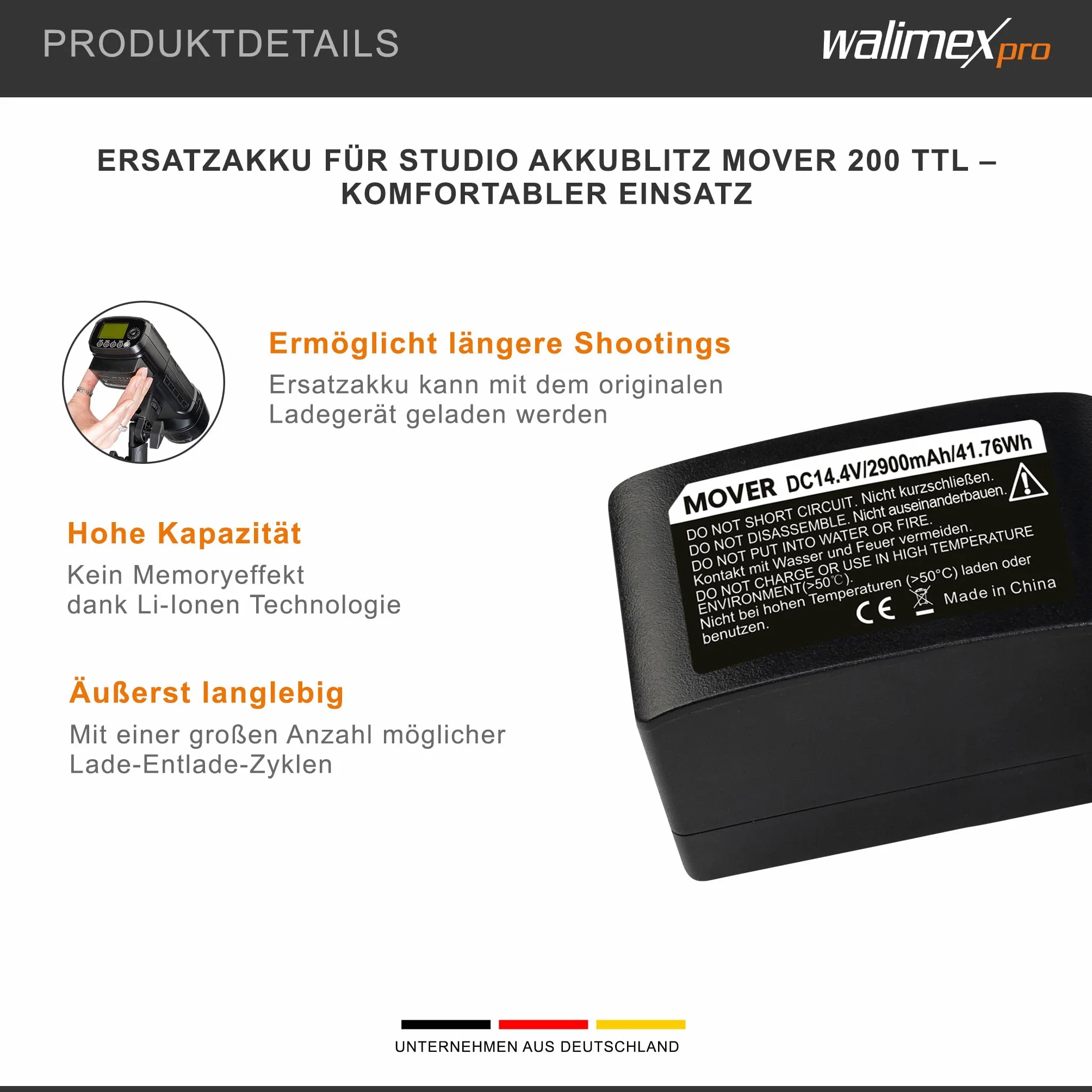 Walimex pro Batterie de Rechange pour Mover 200 TTL - Grande capacité, Longue durée, Permet des Prises de Vue Plus Longues - Batterie de Rechange pour Flash de Batterie de Studio