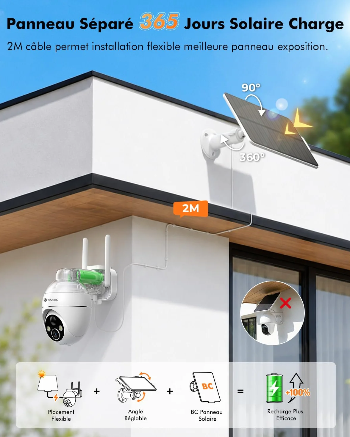 YESKANO 2K Camera Surveillance WiFi Exterieure Sans Fil Solaire, Caméra Extérieure Solaire 360° PTZ, avec Panneau Déporté 2M, Vision Nocturne Couleur, Détection PIR, Audio 2 Voies, 2,4 GHz, IP66 Blanc