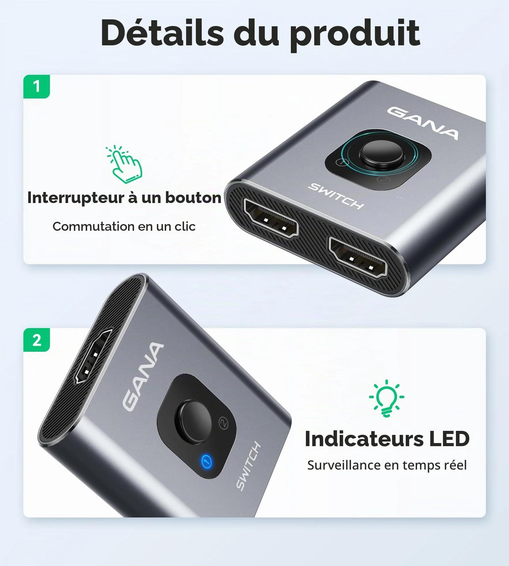 GANA Commutateur HDMI 4K 60Hz Splitter Aluminium Bi-Directionnel 2 Entrées 1 Sortie