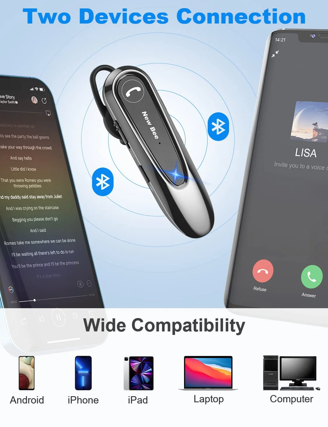 New Bee Oreillette Bluetooth sans Fil avec Dual Mic V5.0 Main Libre Bluetooth Oreillette avec 20H de Temps de Conversation Mic Mute Connexion de Deux Appareils pour iPhone, Android et PC
