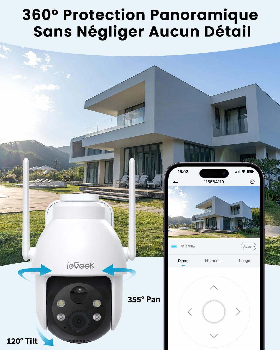 ieGeek 2K Caméra Surveillance WiFi Extérieure sans Fil 3MP 360° PTZ Solaire 15M Nocturne Couleur PIR/AI Détection Audio Bidirectionnel Alexa WiFi6 IP66