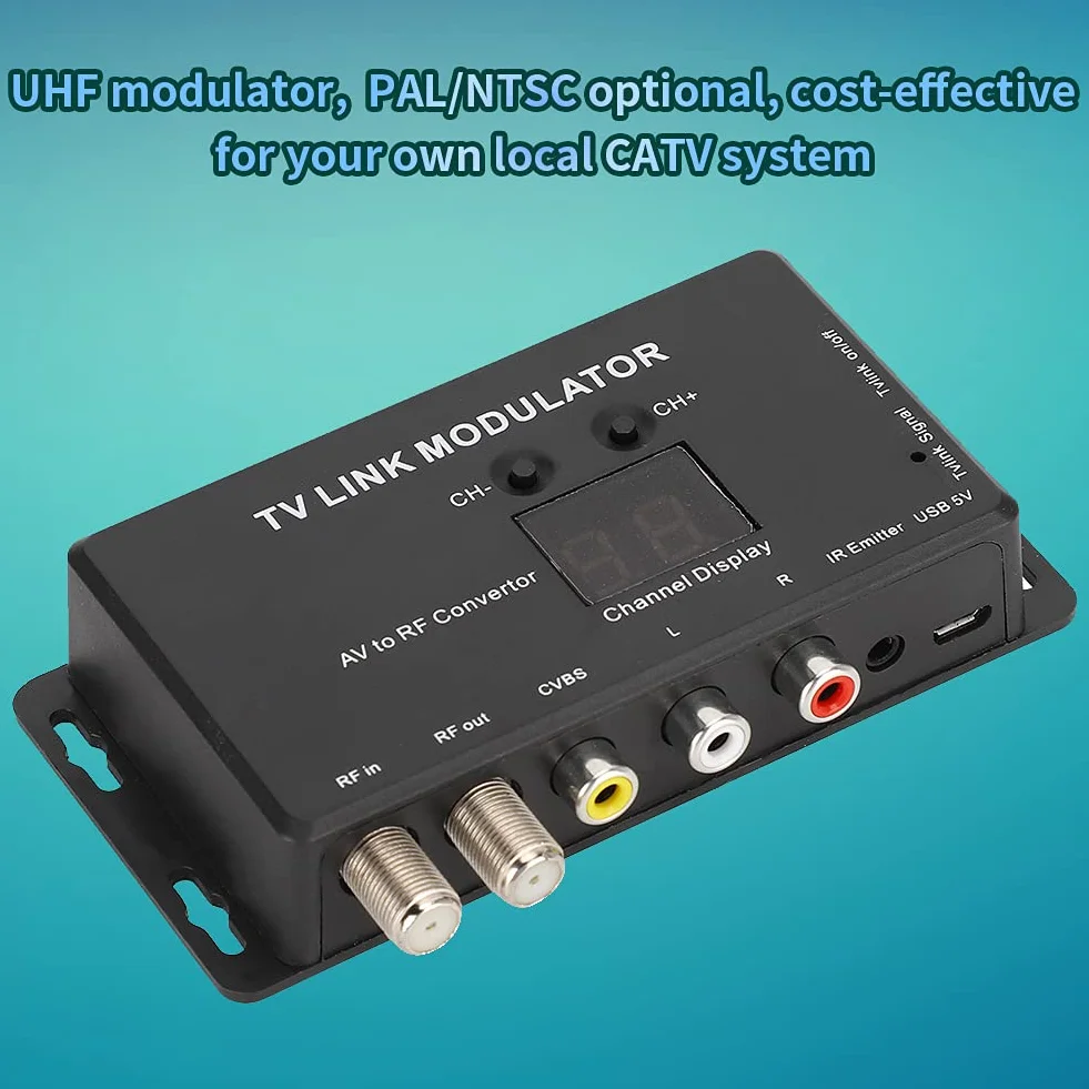 ASHATA Modulateur UHF, Modulateur TV Link UHF TM70 Convertisseur AV à RF Extender IR avec Affichage des canaux, prenant en PAL/NTSC avec câble de USB pour Ordinateur Portable