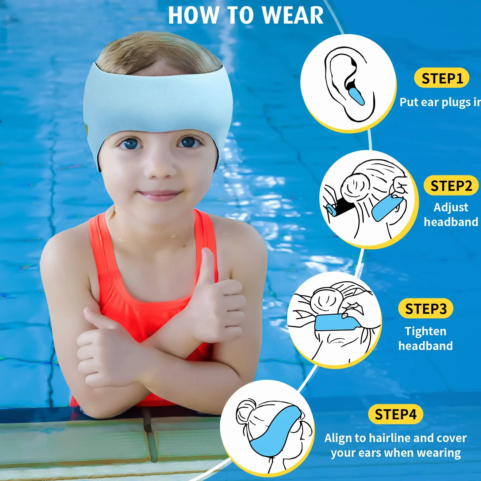 Bandeau de Natation Enfant Néoprène Élastique Protection Auditive Piscine Plage Sports Nautiques Bleu M