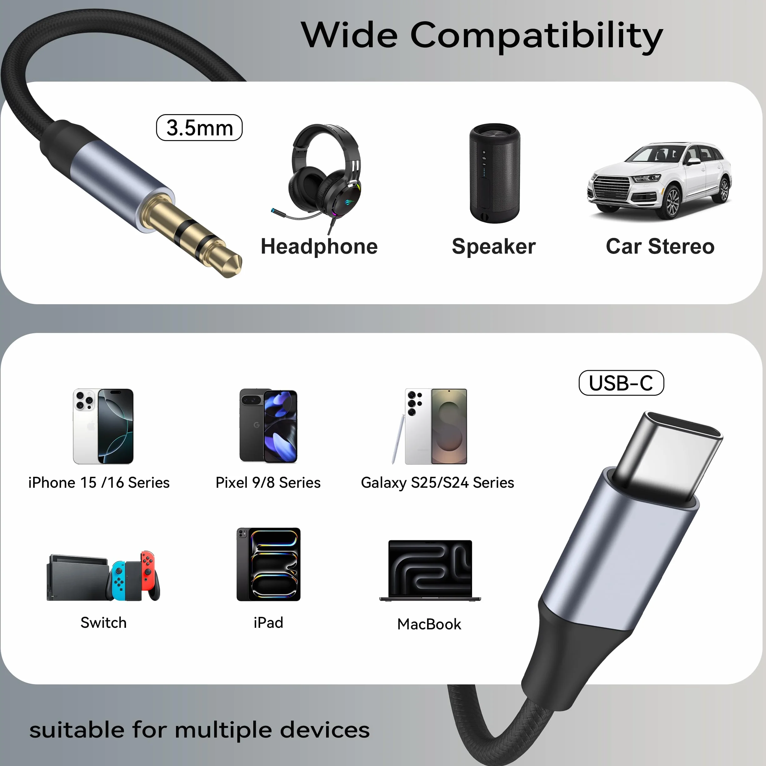 Câble USB C vers 3.5mm Jack DAC Audio AUX pour iPhone 17 16 15 Pro Max, Galaxy S24/S23/S22 Ultra (Noir)