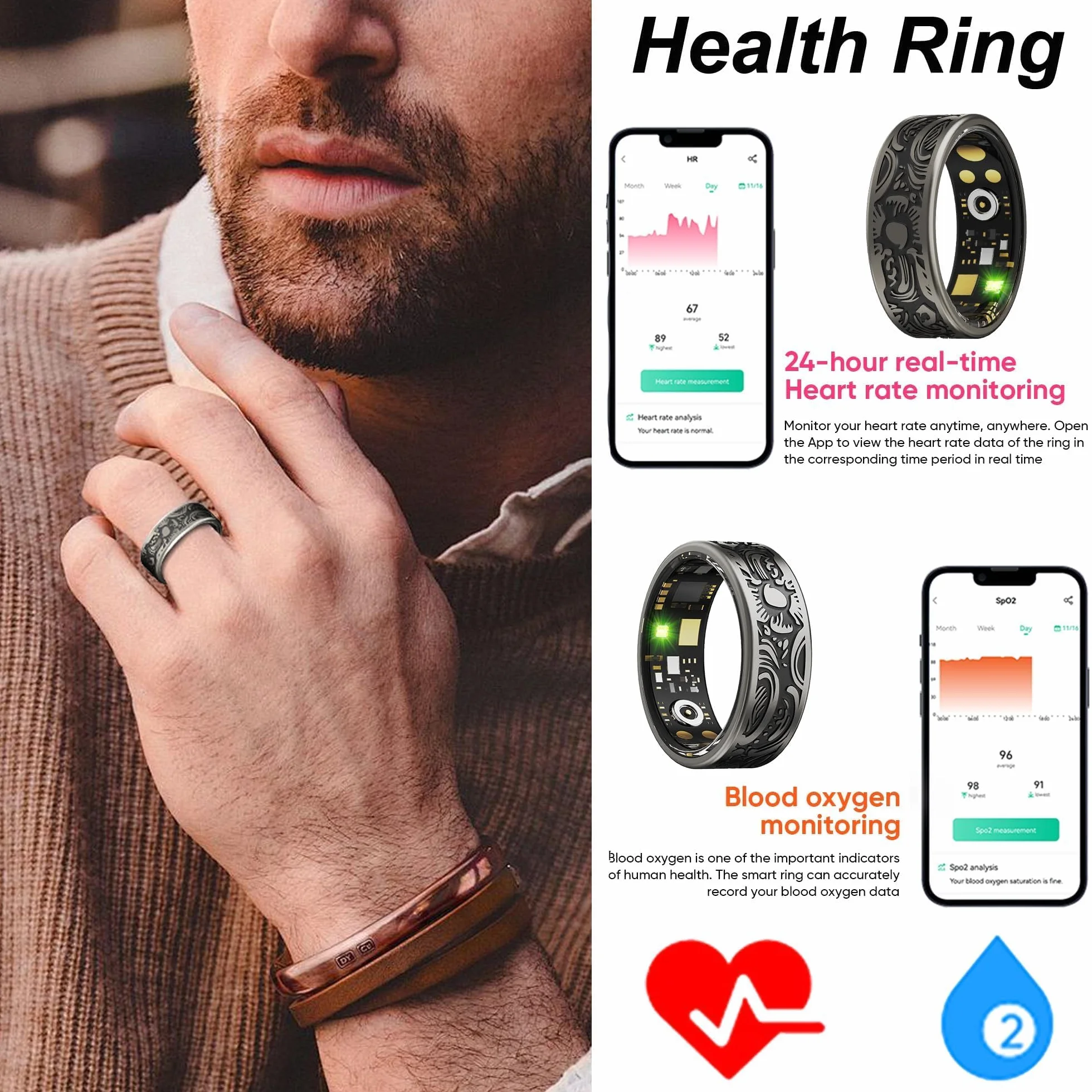 FindTime Bague intelligente moniteur fréquence cardiaque sommeil pression artérielle oxygène sang podomètre calories étanche