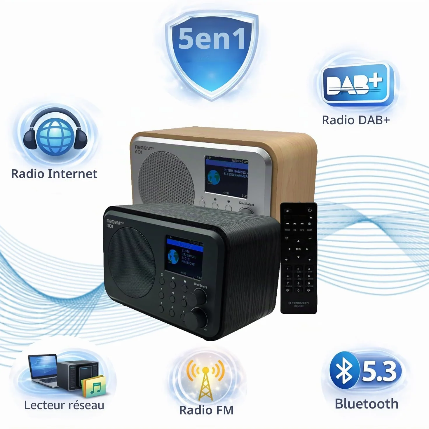 Ferguson Regent i101 Radio Internet Wi-Fi avec Bluetooth FM/DAB/DAB+ Radio FM, radio-réveil, égaliseur, écran couleur, USB, AUX IN, Line Out, UPnP, Sleep Timer, contrôle par application, télécommande