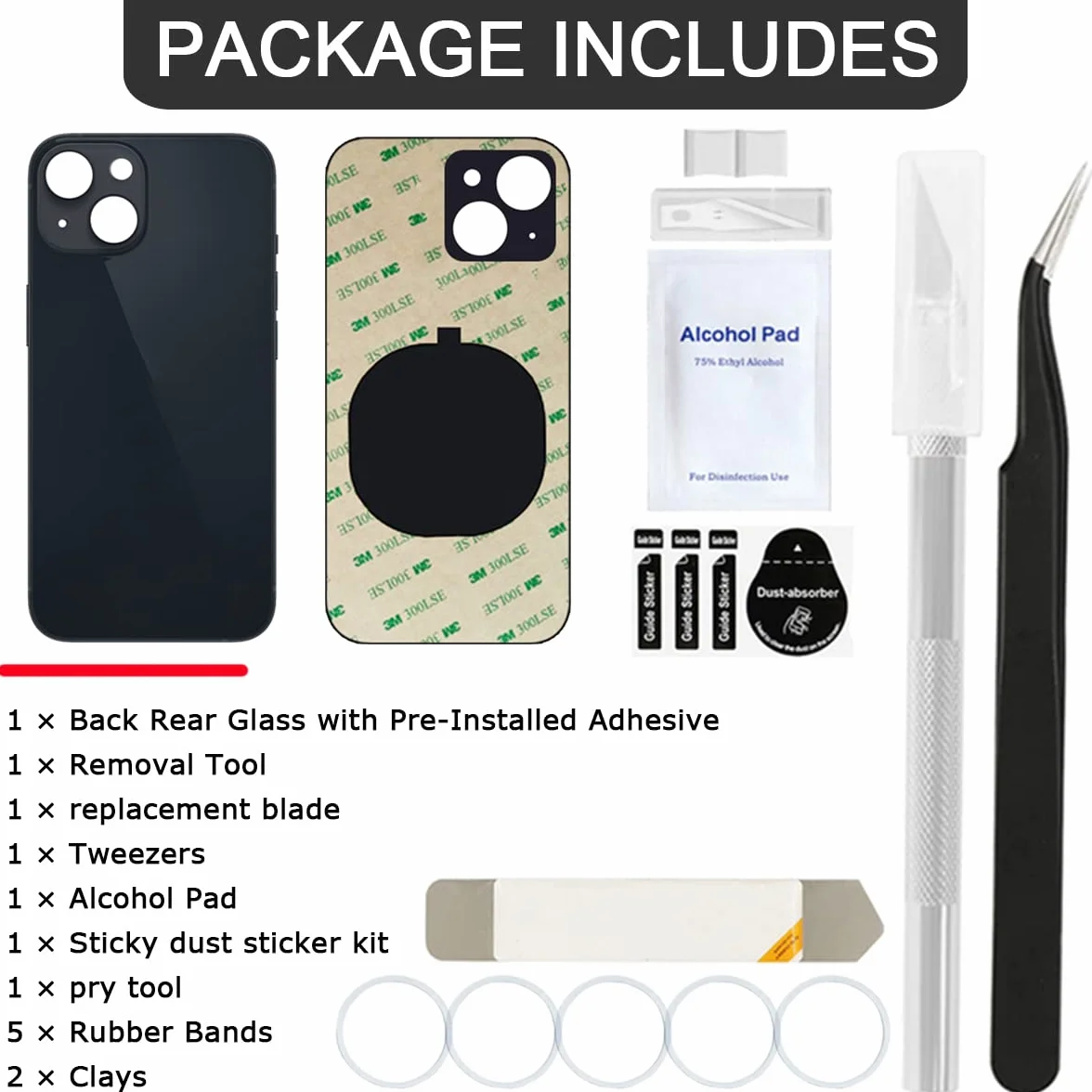 Remplacement de la Couverture arrière (sans Logo) pour iPhone 13, Trousse d'outils de réparation Professionnelle, éhérence et élastiques préinstallés (6,1 Pouces/Minuit)