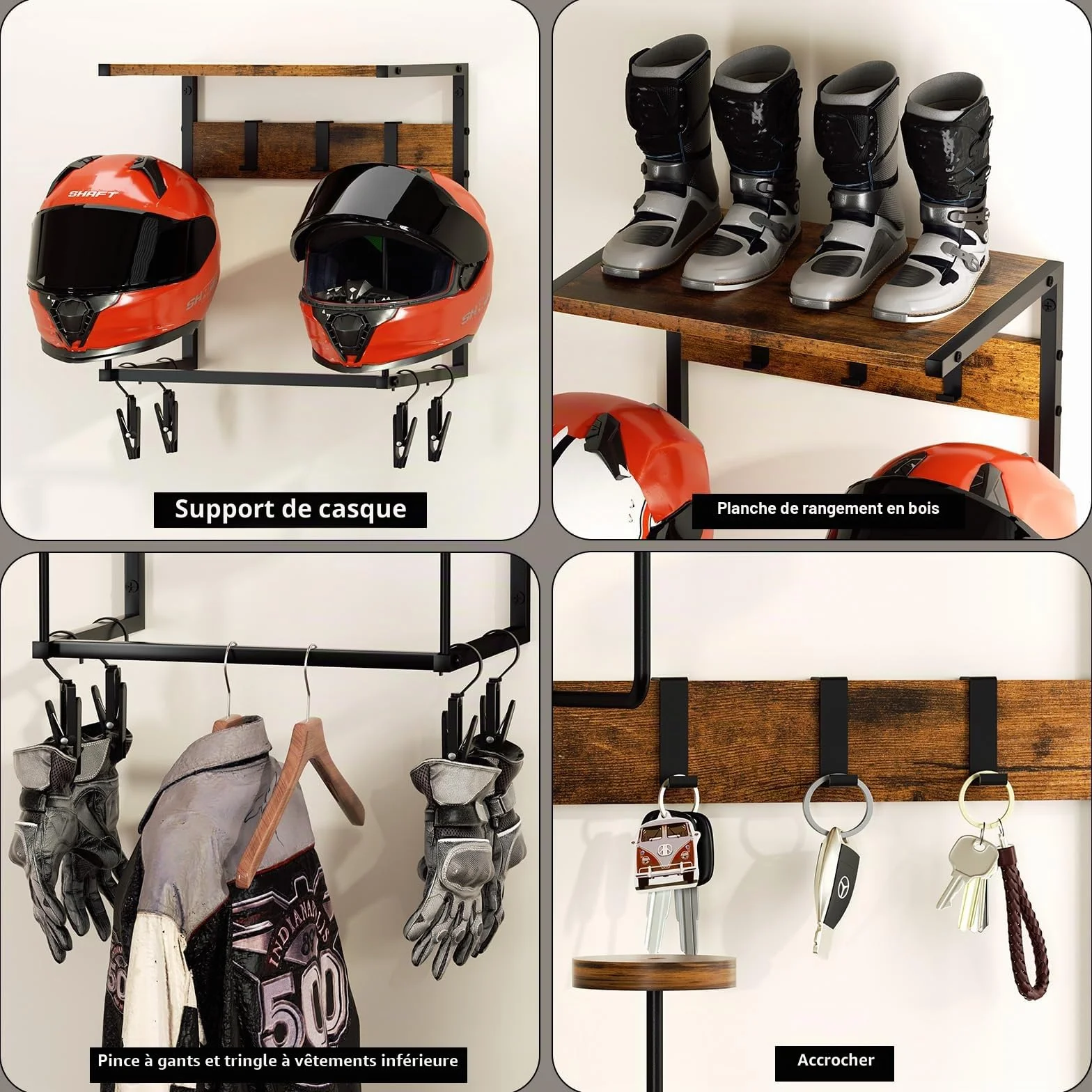 Urban Deco Support casque moto, porte casque avec 2 supports pour chapeaux, support pour repose à fixer au mur, support mural casque equipement moto, petit