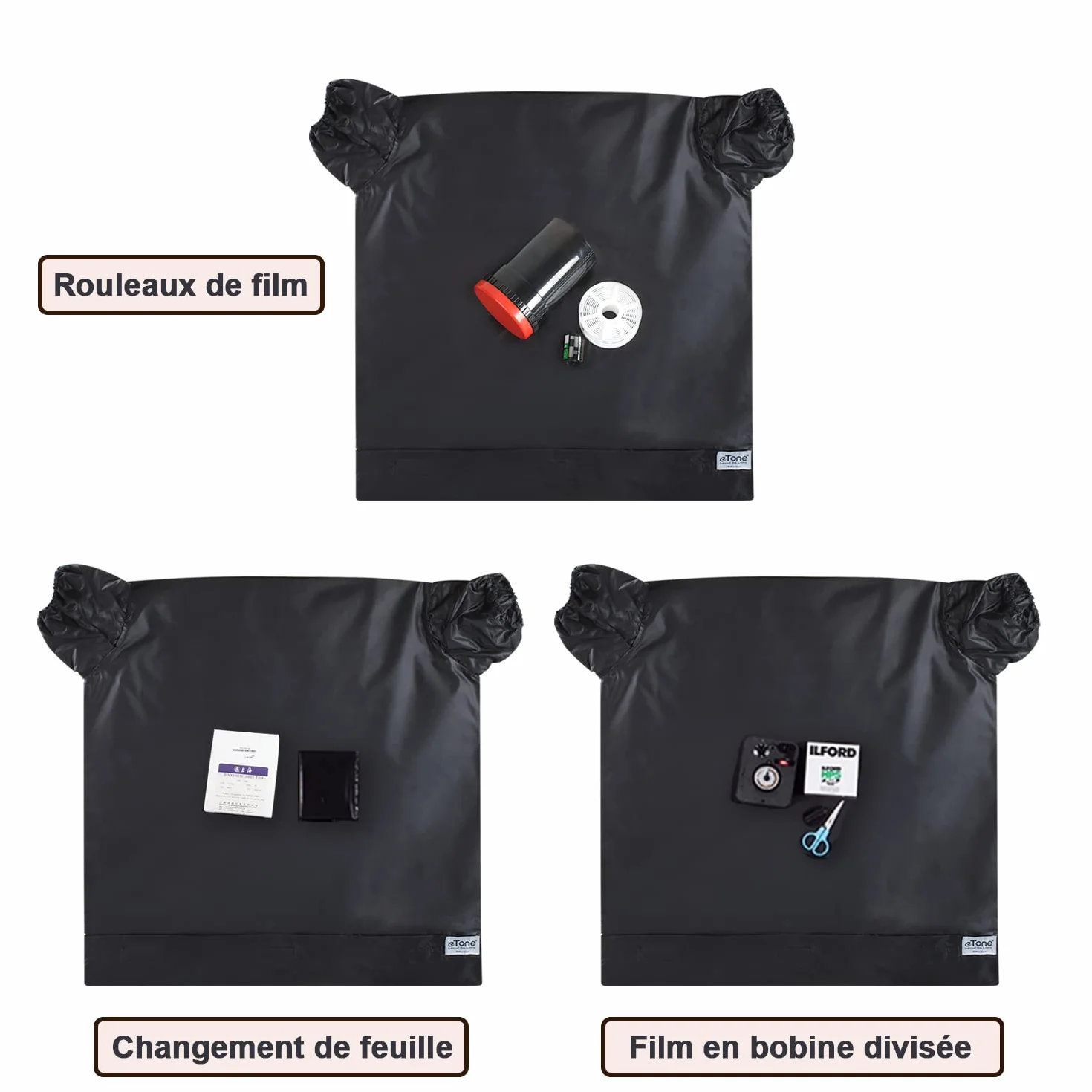 eTone Manchon de Chargement de Films transportable (Chambre Noire) Sac à Fermeture Double Couche de Dimensions 55x58cm (21.6x22.8) extérieure (M Bag)
