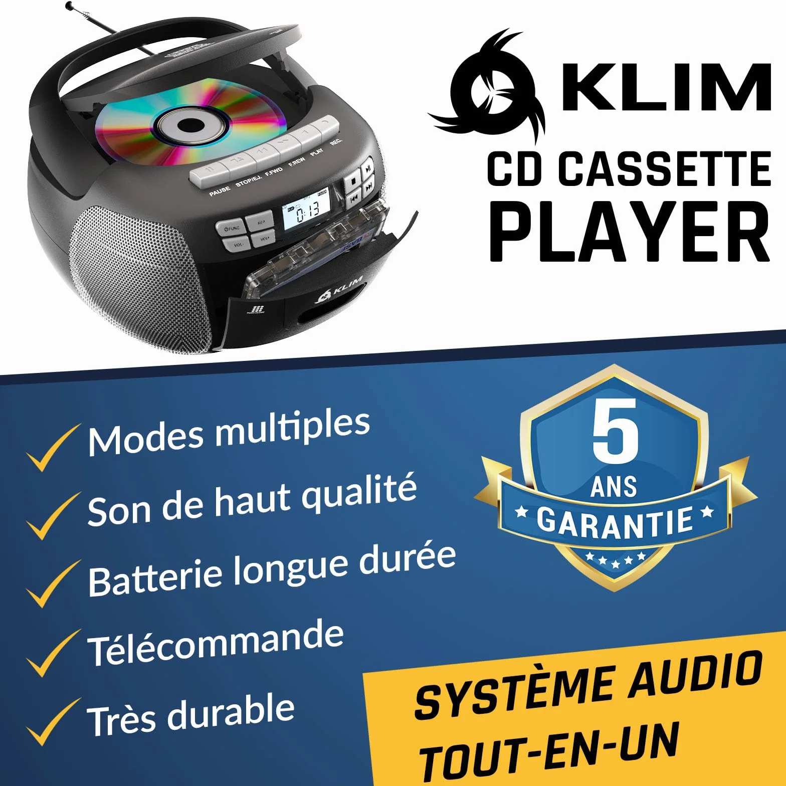 KLIM Lecteur CD Cassette Audio AM/FM Radio Bluetooth Stéréo Argent
