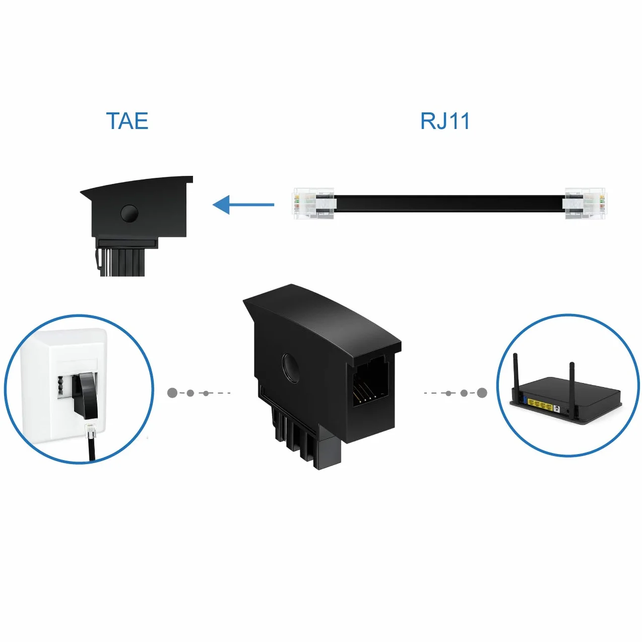 deleyCON Adaptateur de téléphone TAE-F vers RJ11 femelle 6P4C - Adaptateur de câble pour routeur - Noir