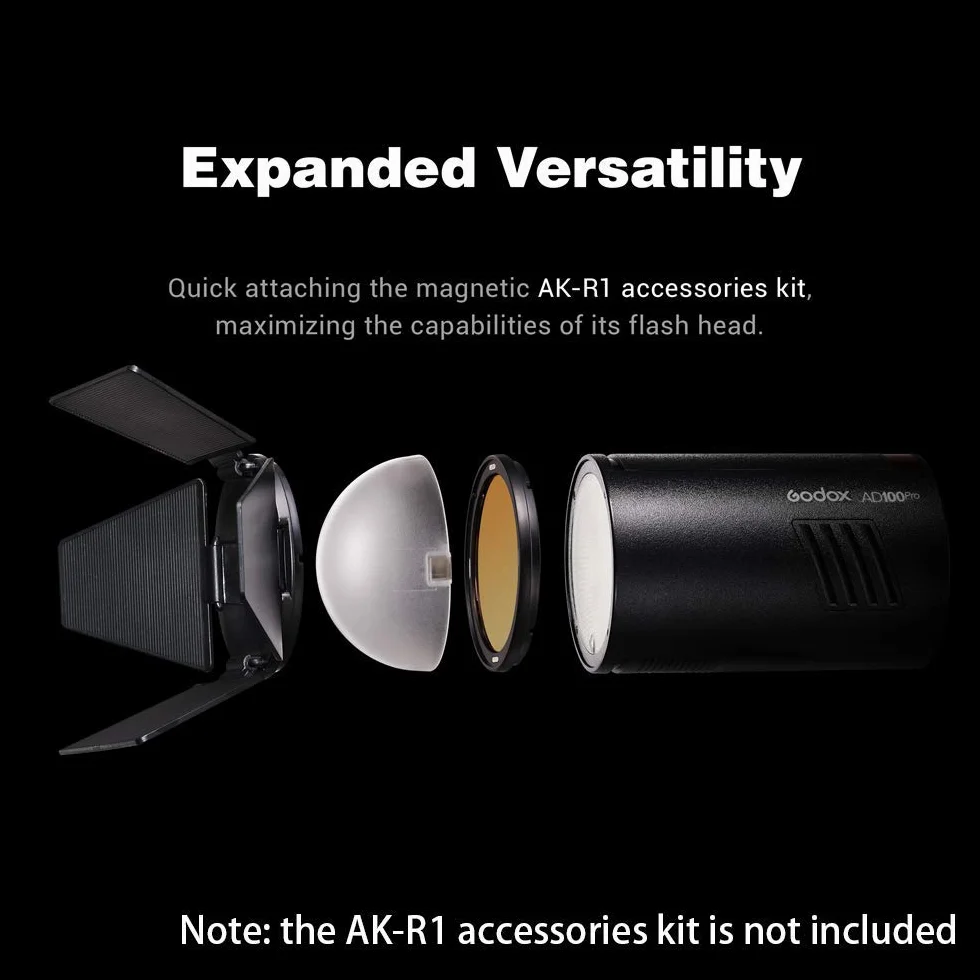 Godox AD100 Pro AD100Pro Flash tête Ronde avec Le kit AK-R1, 360 à Pleine Puissance, Recyclage 0,01s à 1,5 s, 1/8000 HSS, Soutien TTL/M/Multi-Fonctions, Batterie 2600mAh