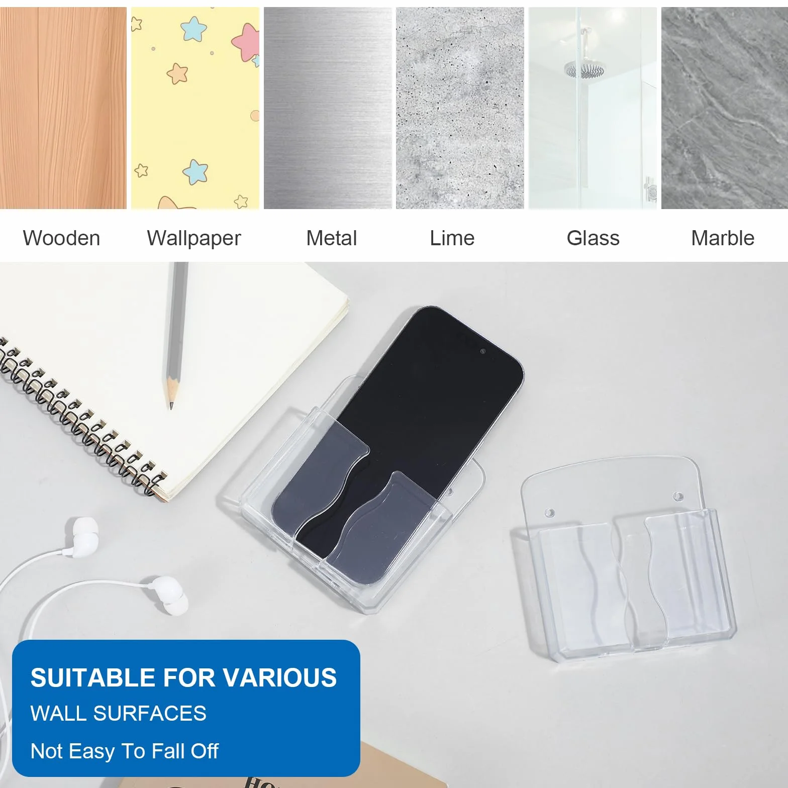 Lot de 2 supports muraux universels pour téléphone portable - Avec trou de chargement - Transparent - Support mural pour téléphone portable - Organiseur mural pour lit et salon