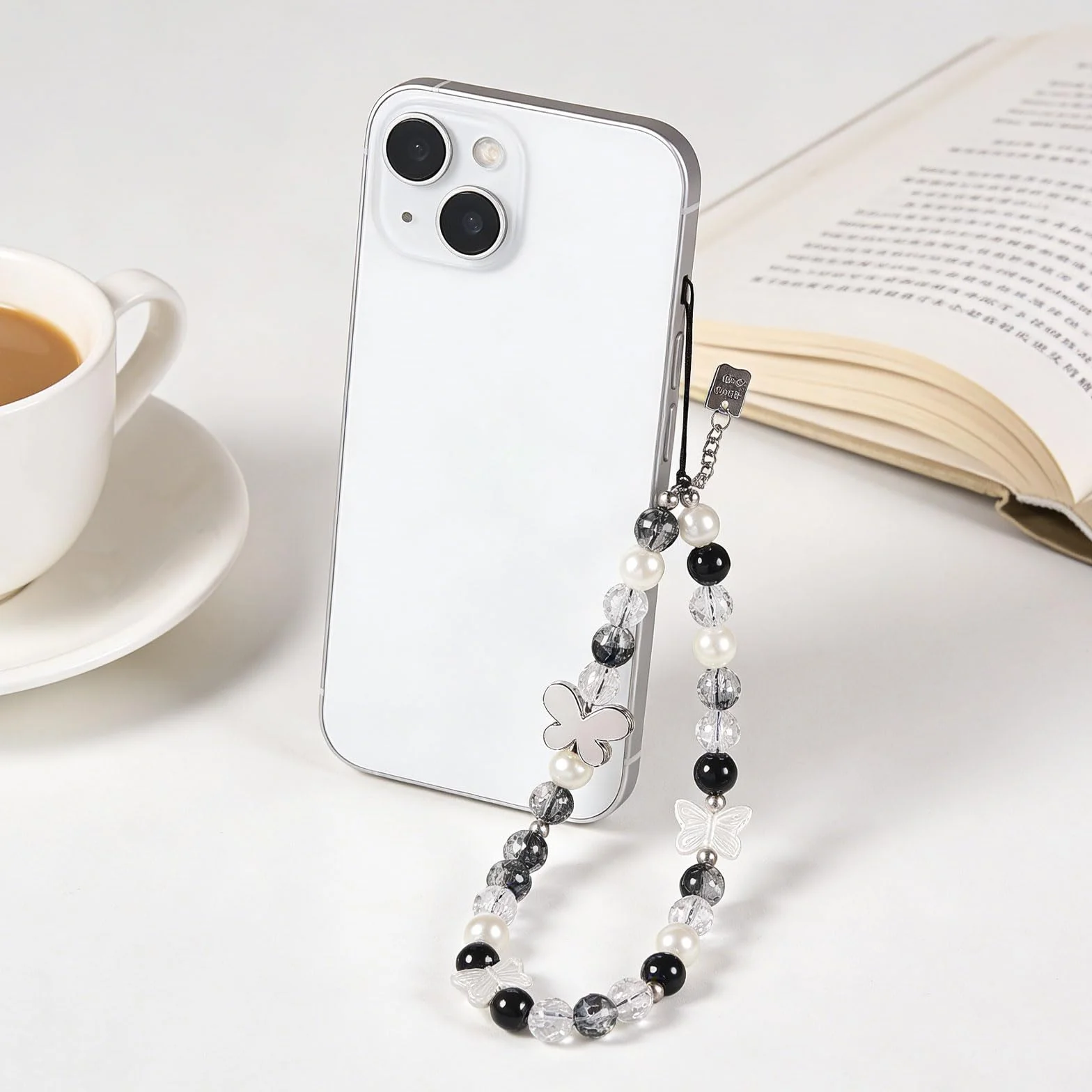Perlen-Handykette Kurz mit Schleife - Bracelet de téléphone perlé avec nœud Papillon pour Smartphone