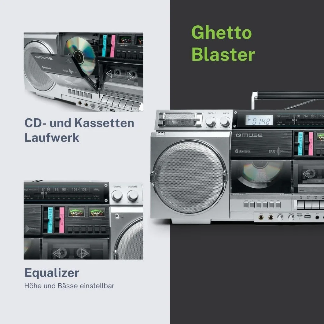 Muse M-380GBS Boombox Cassettes rétro Lecteur CD AUX Bluetooth Compatible Smartphone Enregistreur Cassette Design Vintage