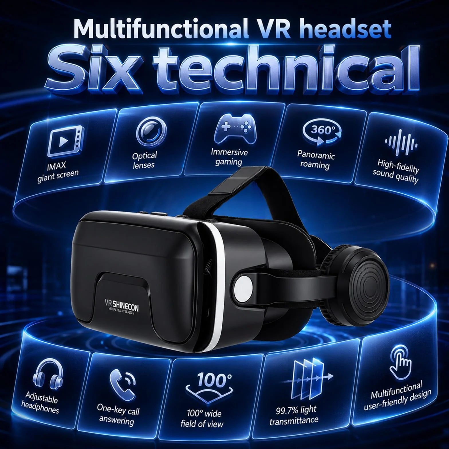 Casque VR 3D avec Écouteurs Verres HD Anti-Lumière Bleue Compatible Smartphones iPhone Android 4,7-7,2"