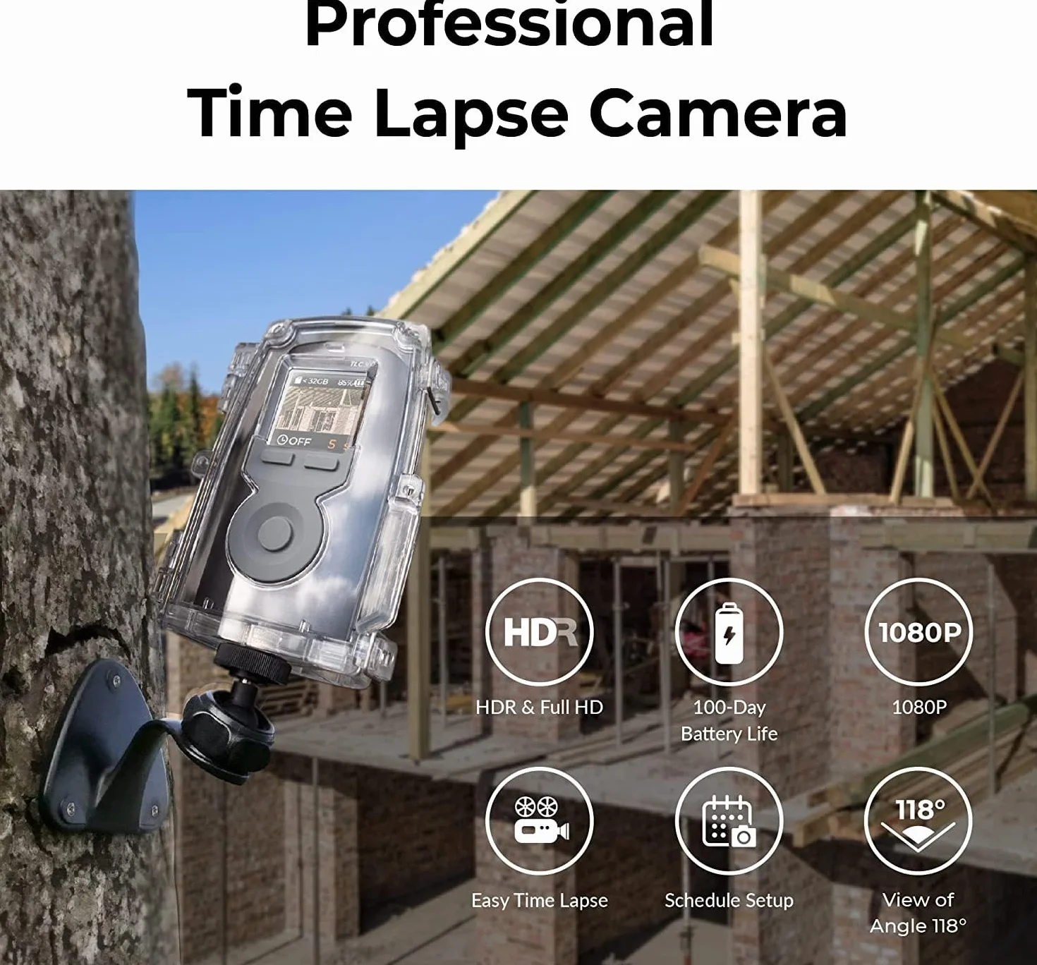 Brinno BCC300-M Vidéo Timelapse Caméra TLC300 1080P FHD HDR Écran LCD IPS Boîtier IPX4 Support Mural