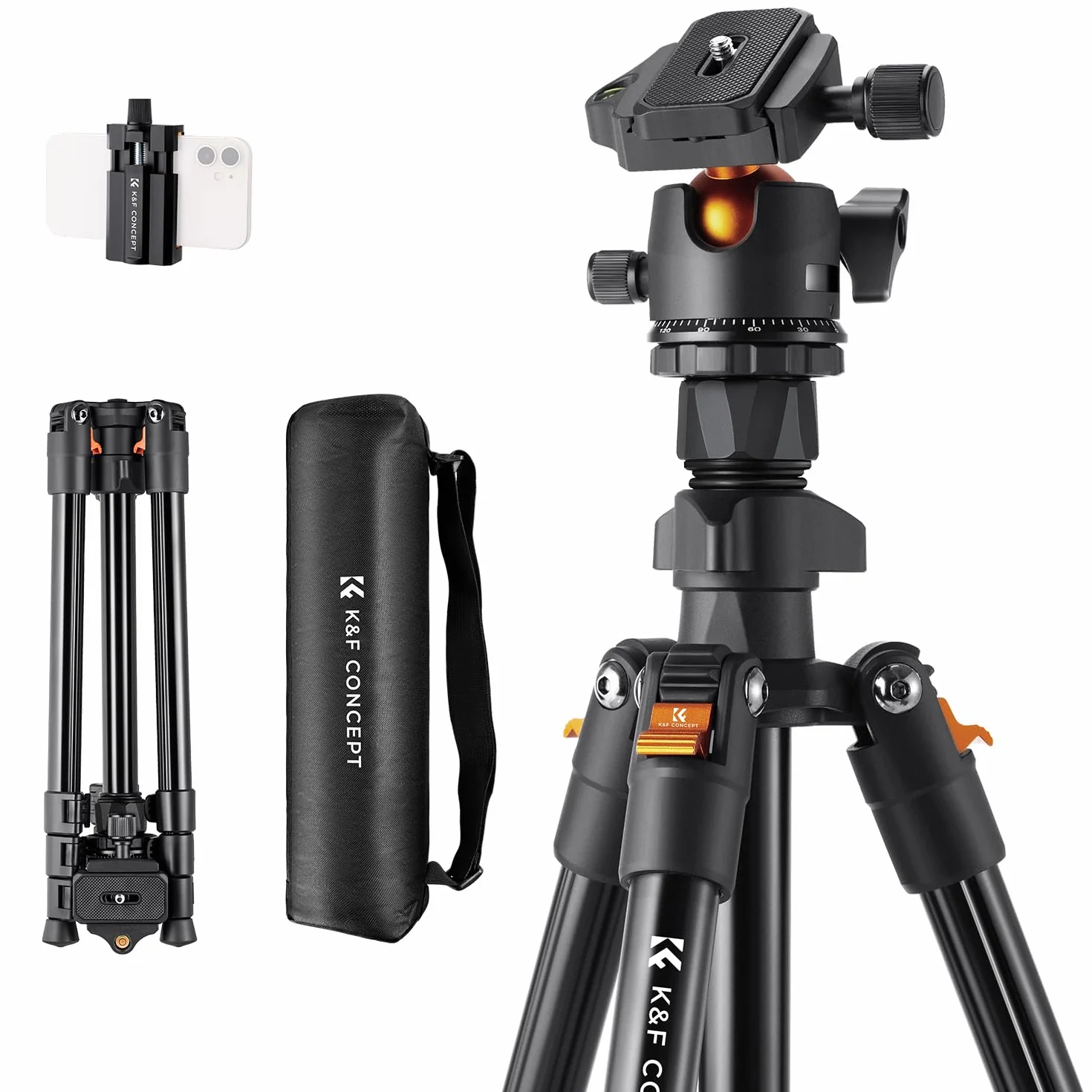 K&F CONCEPT Trépied Appareil Photo Voyage, 163CM Trepied Léger en Aluminium, Trépied pour Smartphone avec Téléphone Support, Trépieds Caméra Compact avec 360° Rotule Ball pour DSLR Caméra(Seul 1.24KG)