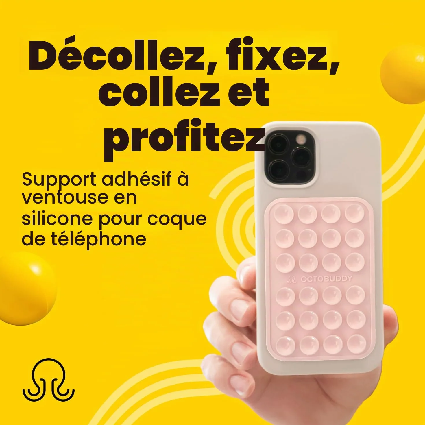 OCTOBUDDY Max || Support adhésif en Silicone pour Coque de téléphone || Compatible avec iPhone et Android, Support d'accessoires Mains Libres antidérapant pour Selfies et vidéos (Max - Rose Craie)