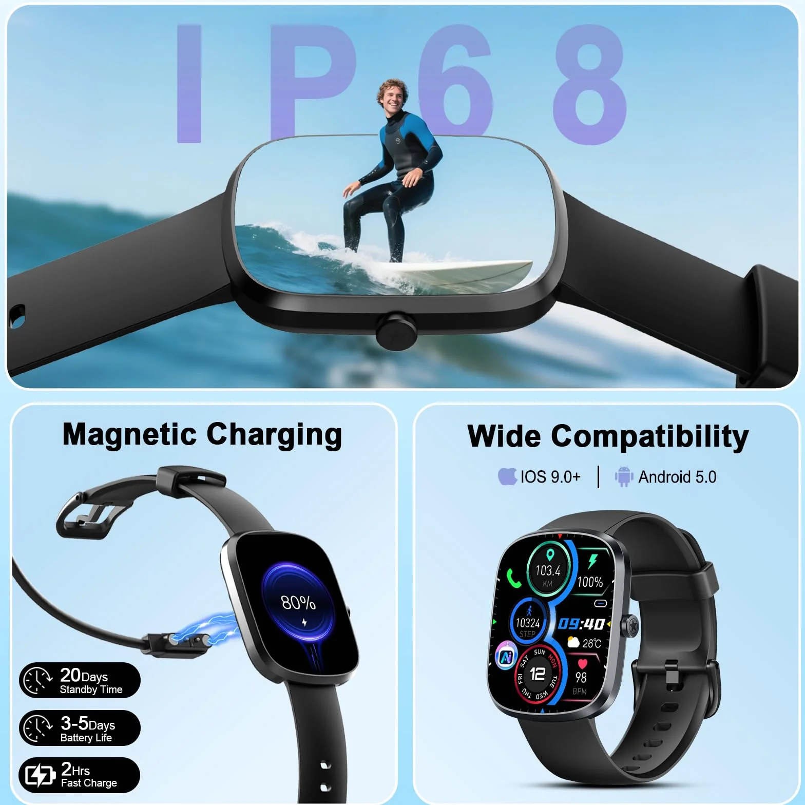 IA Montre Connectée Homme Femme avec ChatGPT, 1.91''Smartwatch avec Appel Bluetooth, Etanche IP68 Montre Sport Podometre Cardiofrequencemetre Sommeil, 120+Sportifs Montre Intelligente pour Android iOS