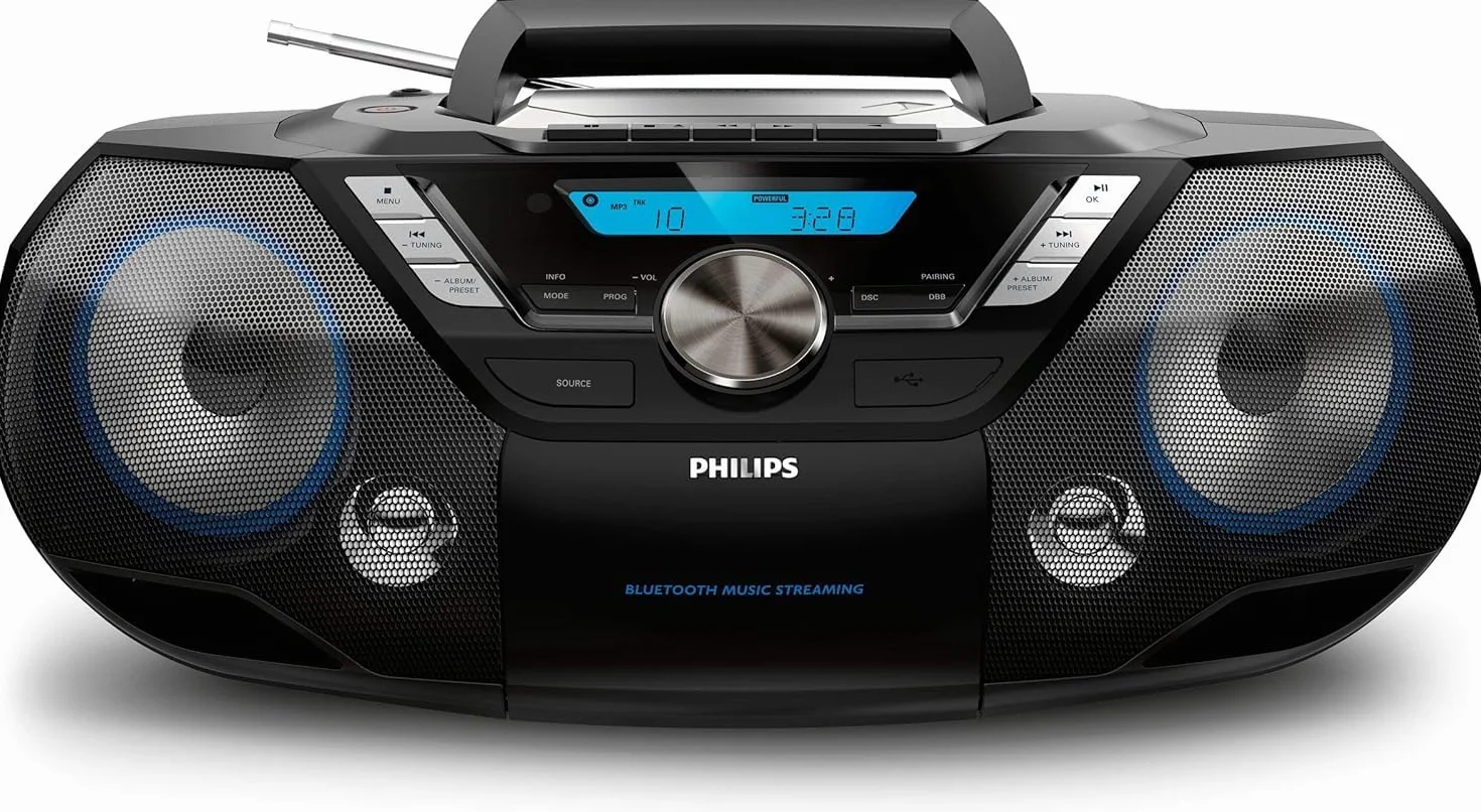 Philips AZB798T/12 CD Sound Machine, Lecteur CD et Cassettes Portable, Dab et FM, Bluetooth, CD, MP3-CD, USB Host, Dynamic Bass, Bass Reflex, télécommande, minuteur de Mise en Veille – Noir